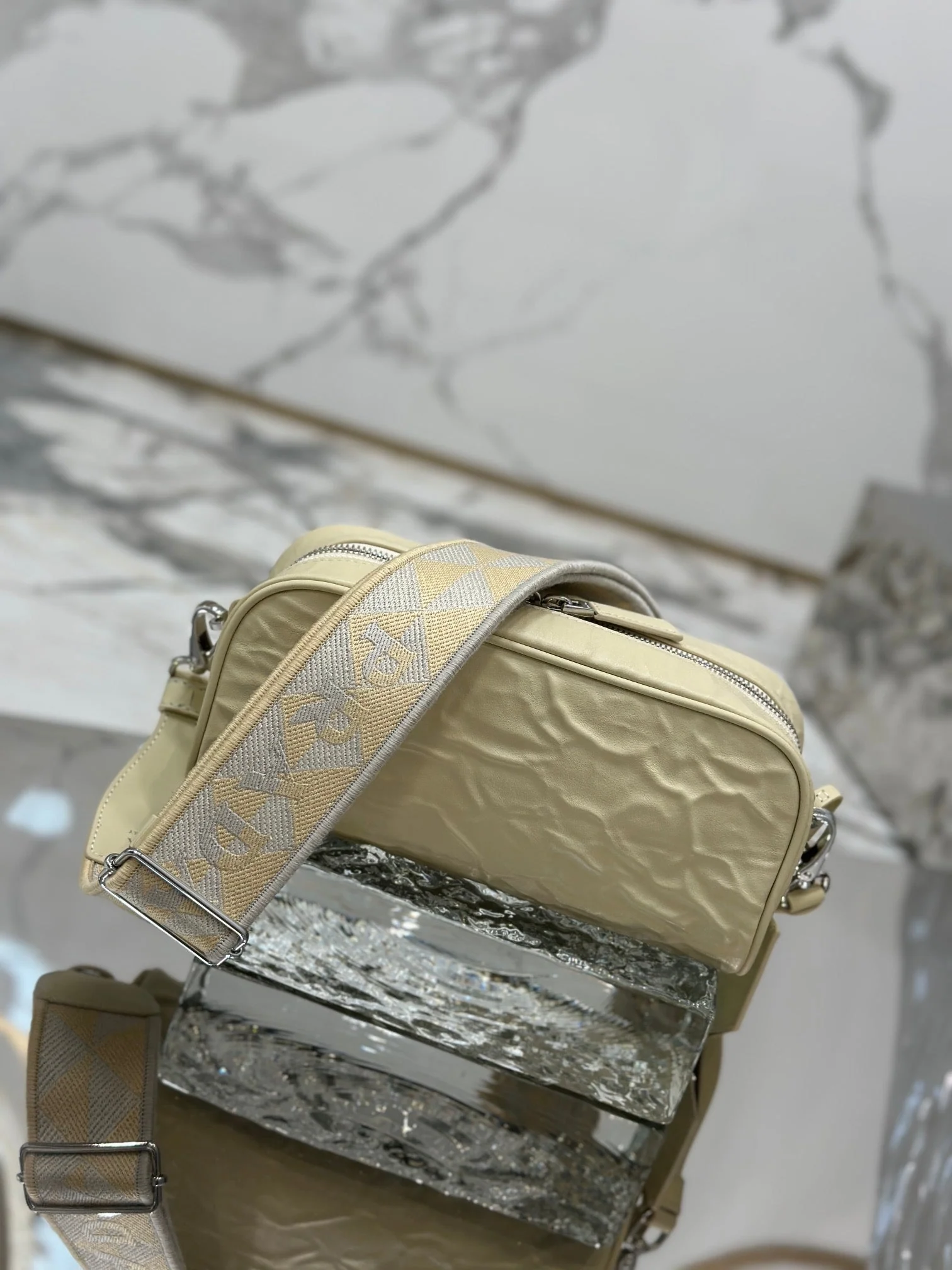 Prada CAMERA BAG 23 IN CREAM WRINKLED LAMBSKIN