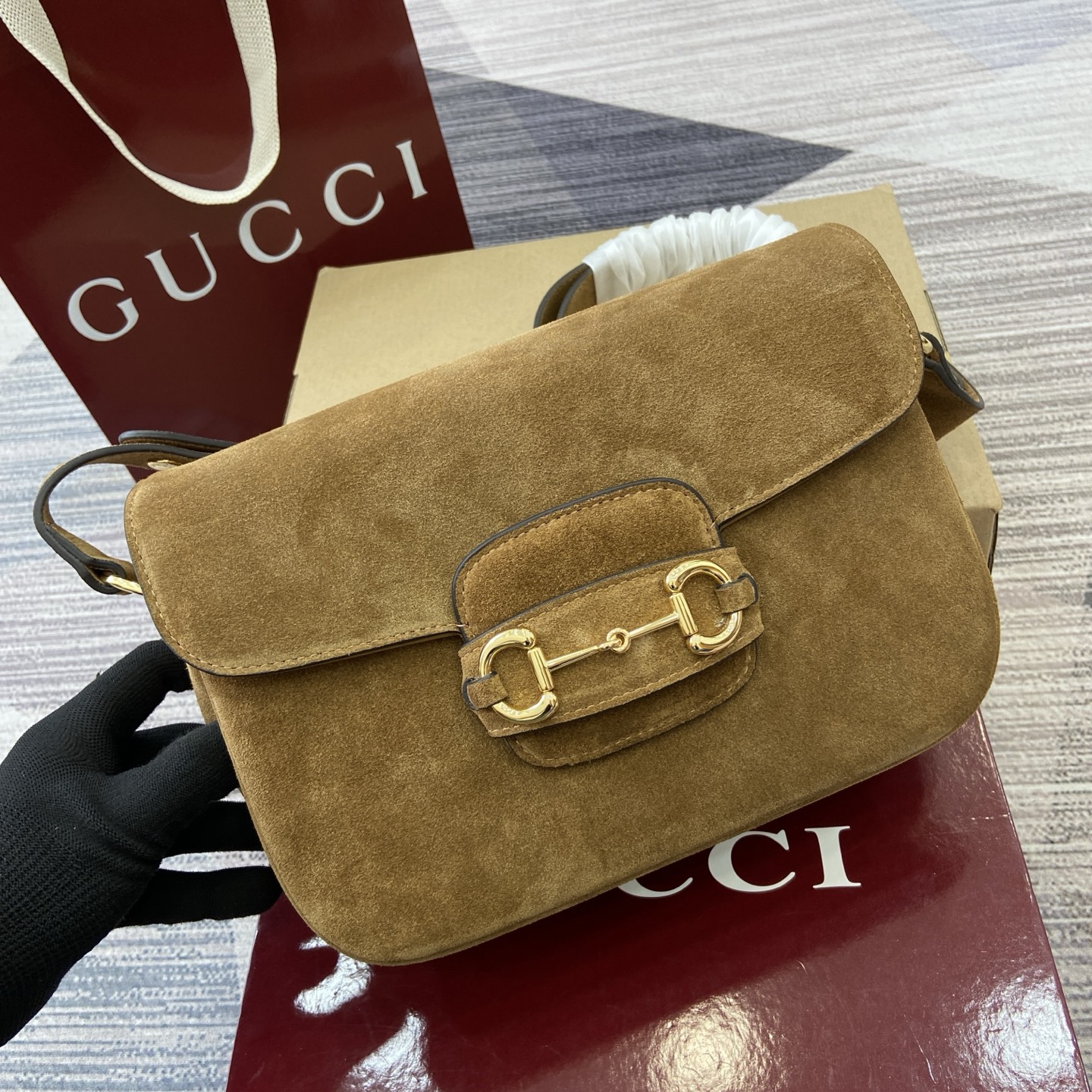 Gucci bag Horsebit 1955 Brown Suede Material 847064 (10A Mirror Version)