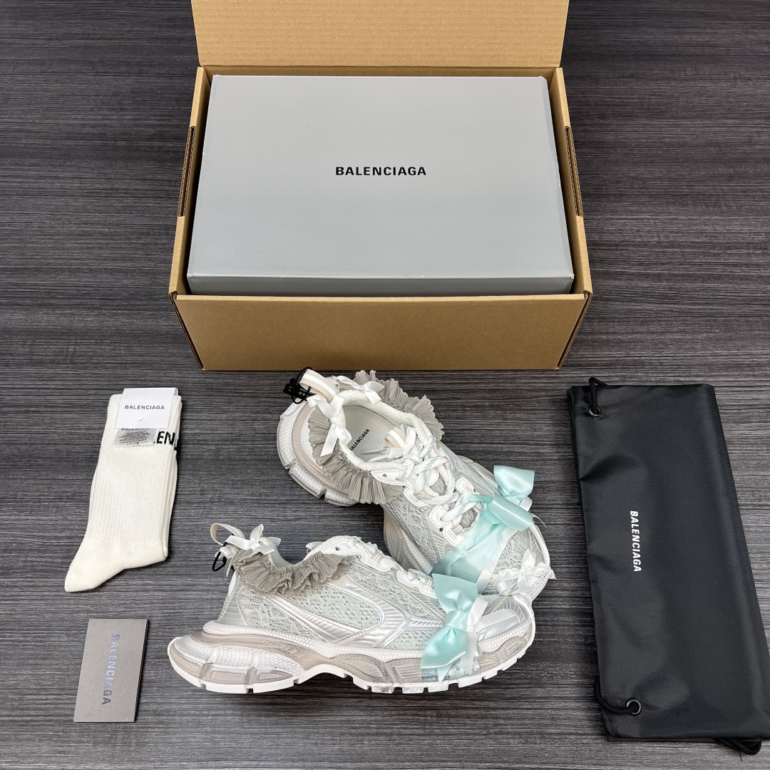 Balenciaga 3XL Mint Green Lace Mesh Satin Ribbon Bow Ruffle Trim Oversized Chunky Sneaker - KAIROO
