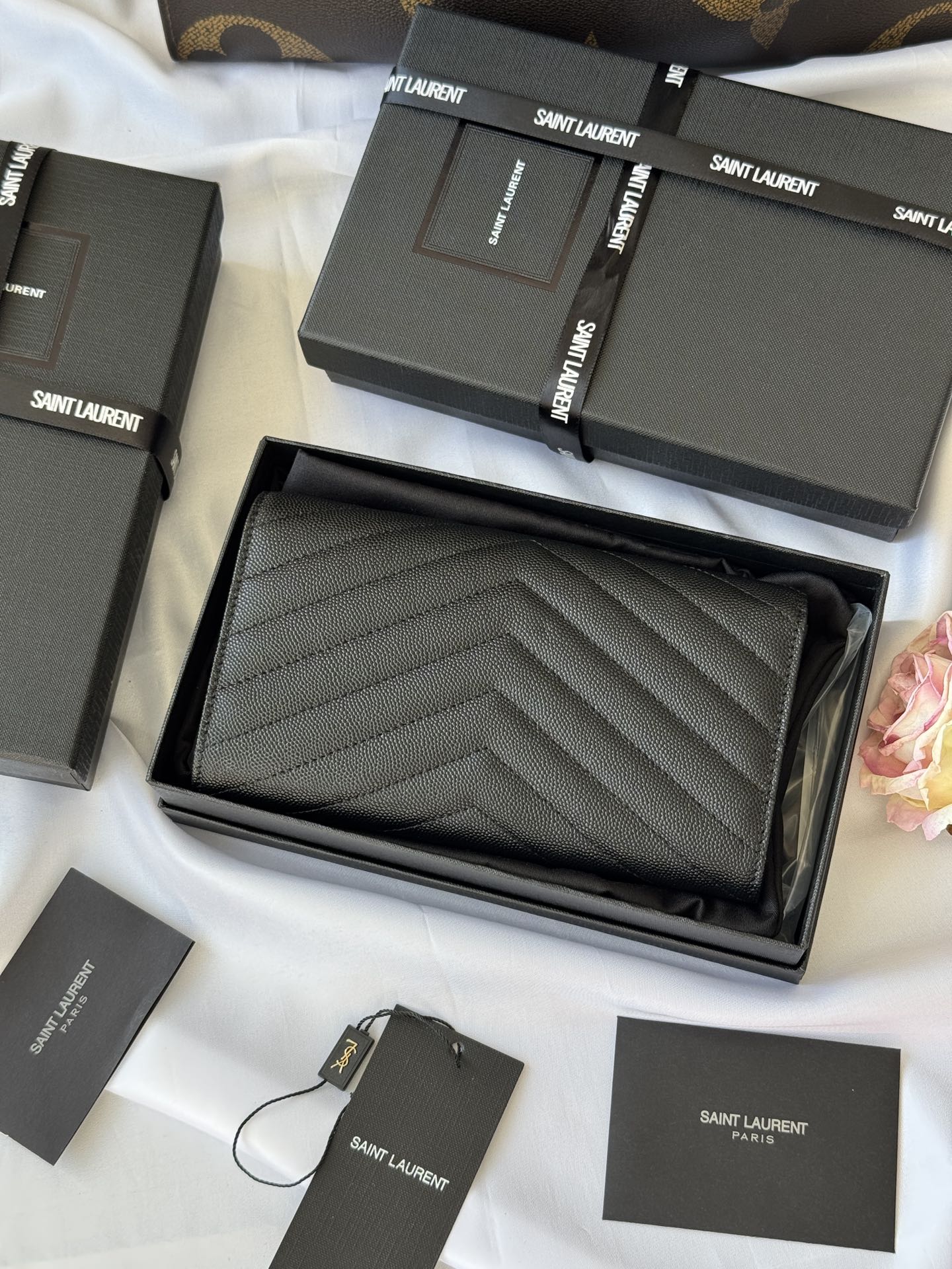 Saint Laurent Black Cassandre Large Wallet in Grained leather