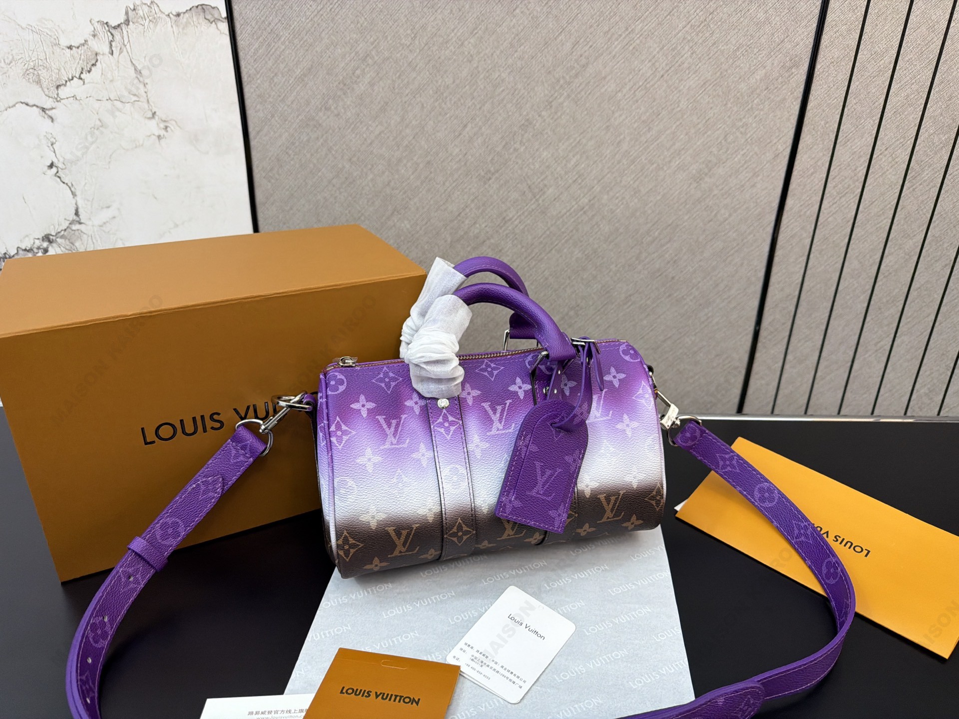Louis Vuitton LV Keepall 25 Gradient Purple Monogram Leather Travel Duffle Top Handle Bag - KAIROO