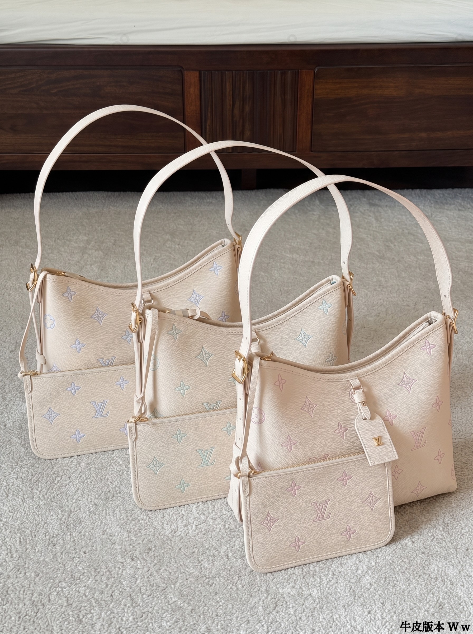 Louis Vuitton LV Carryall PM Cream Pastel Bicolour Dense Monogram Empreinte Leather Hobo Tote Top Handle Bags - KAIROO
