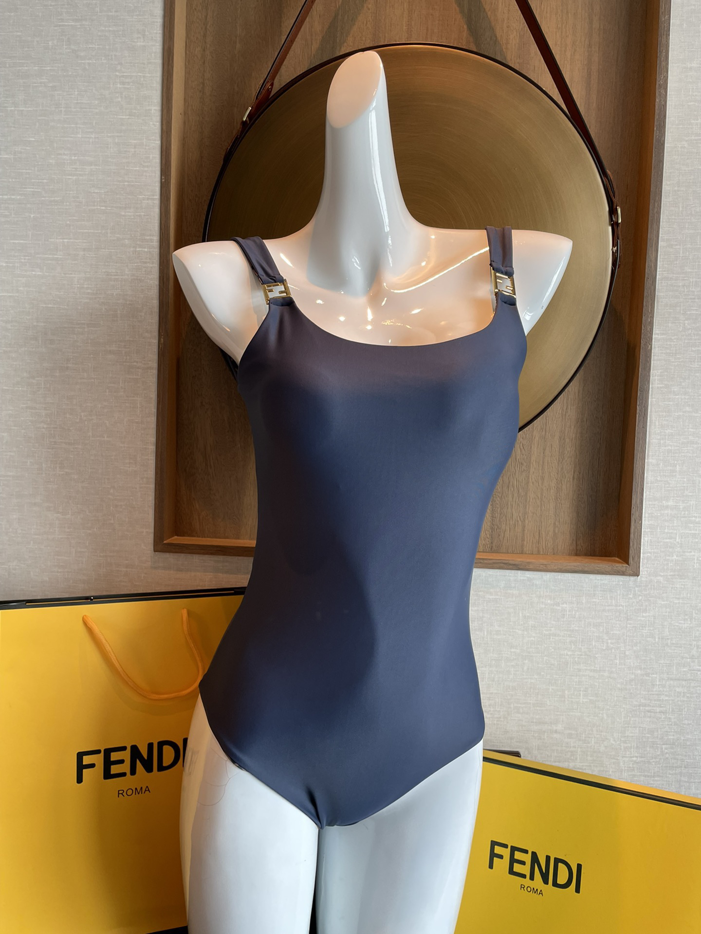 Fendi Dusty Blue Gold FF Buckle Strap U-Neck One-Piece Swimsuit - KAIROO