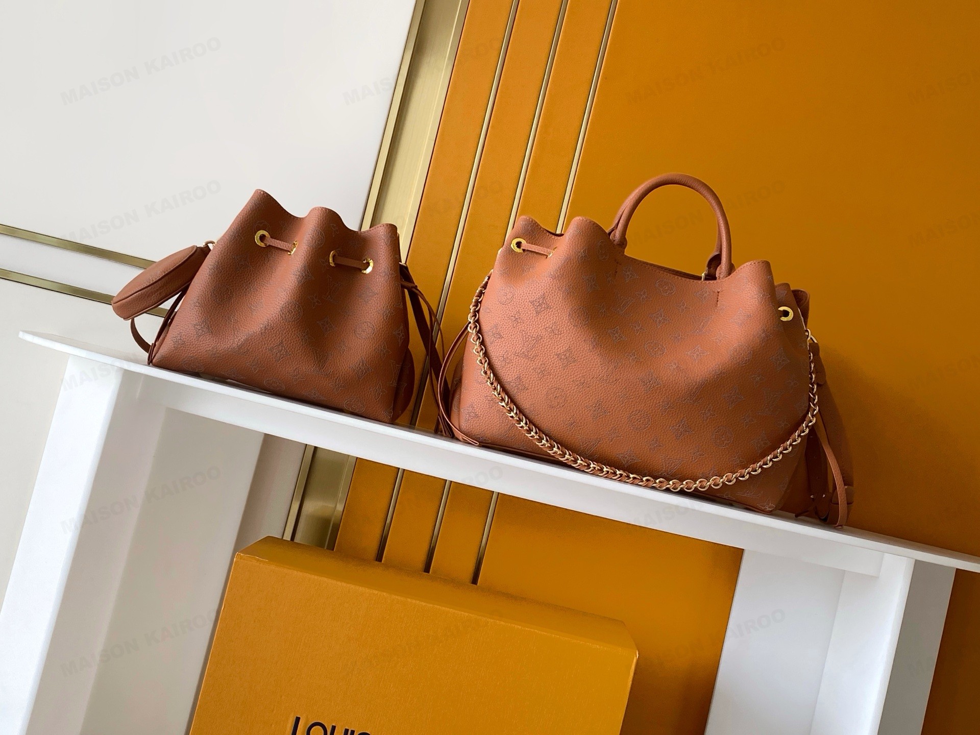 【10A】Louis Vuitton LV Mahina Bella Tote Cognac Perforated Monogram Leather Drawstring Bucket Handle Bag - KAIROO