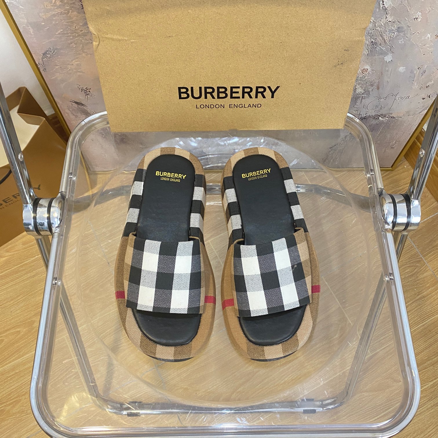 Burberry Plaid Check Cotton Canvas Wide Strap Leather Lining Platform Slippers - KAIROO