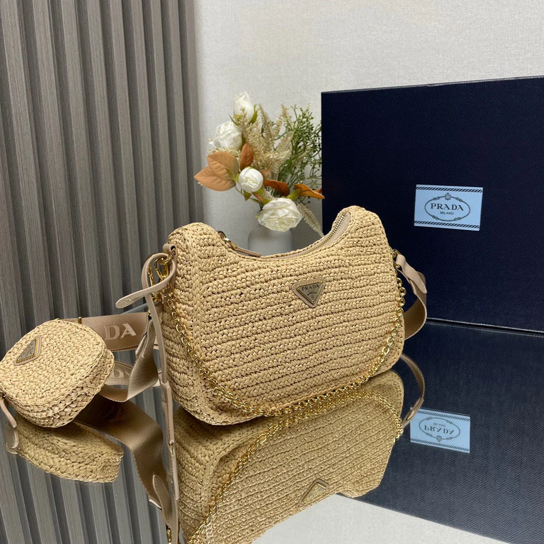 Prada  WOVEN HOBO BAG 23 IN BEIGE RAFFIA GOLD HARDWARE TRIANGLE LOGO