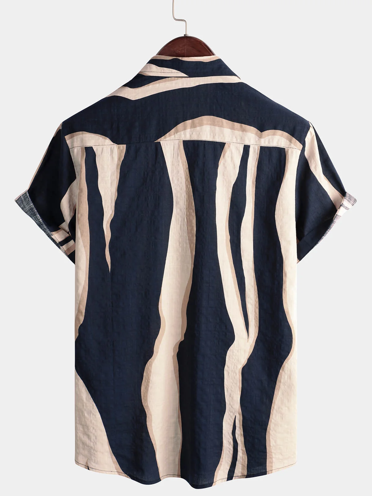 Men's Navy Striped Casual Button-Up Short Sleeve Shirt