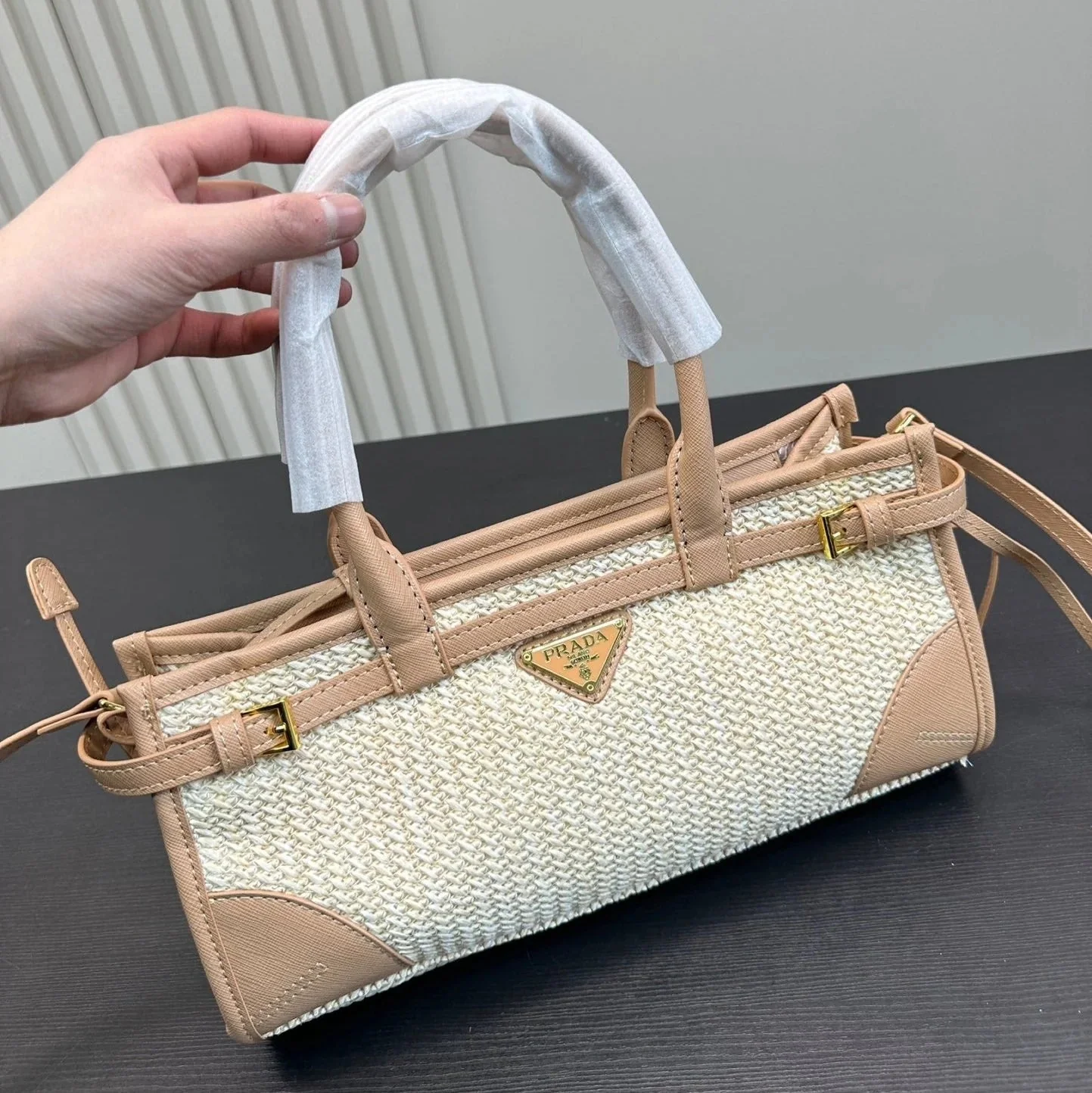 Prada BONNIE SOFT LUX HANDBAG 32 IN BEIGE WOVEN RAFFIA WITH TAN CALFSKIN