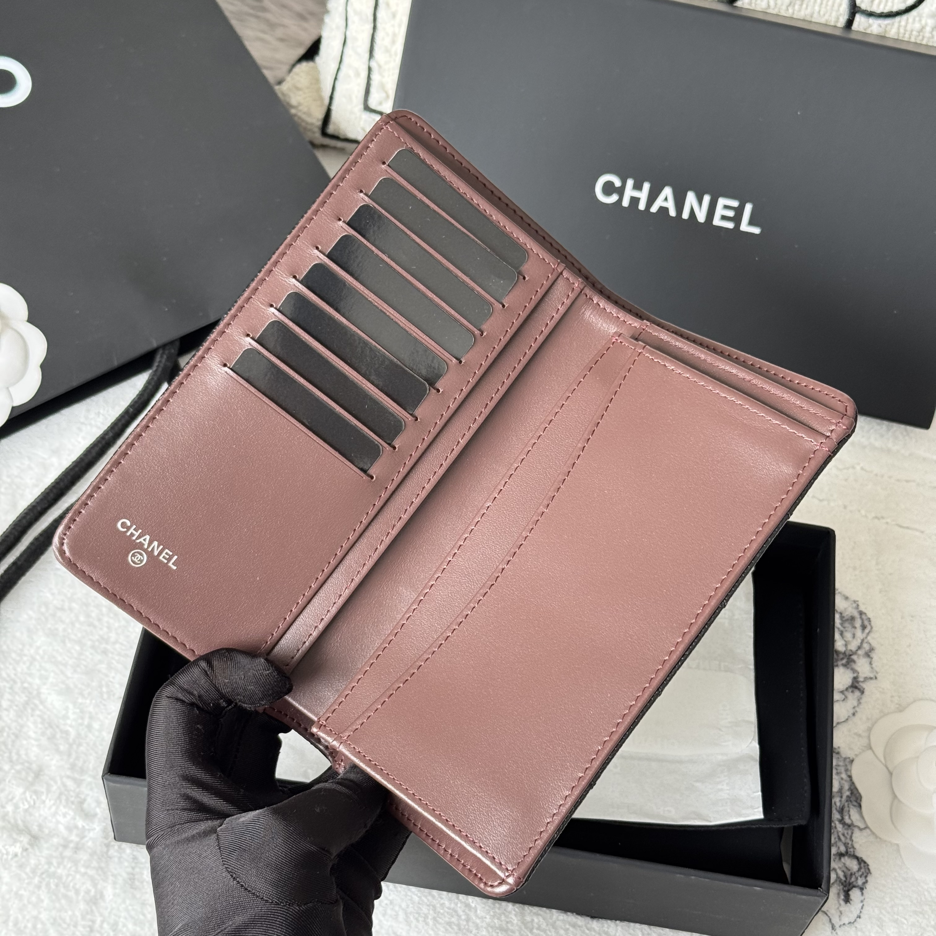 Chanel Classic Long Folded Wallet in Black Grained Calfskin