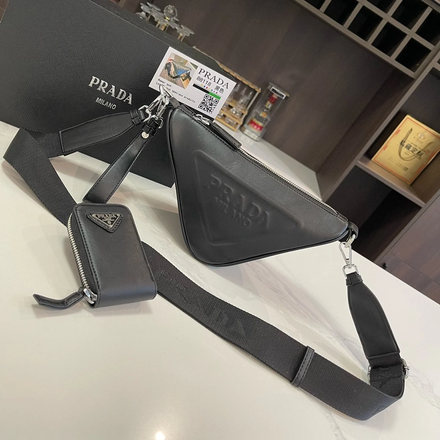 Prada TRIANGLE 27 SHOULDER BAG IN BLACK CALFSKIN WITH STRAP
