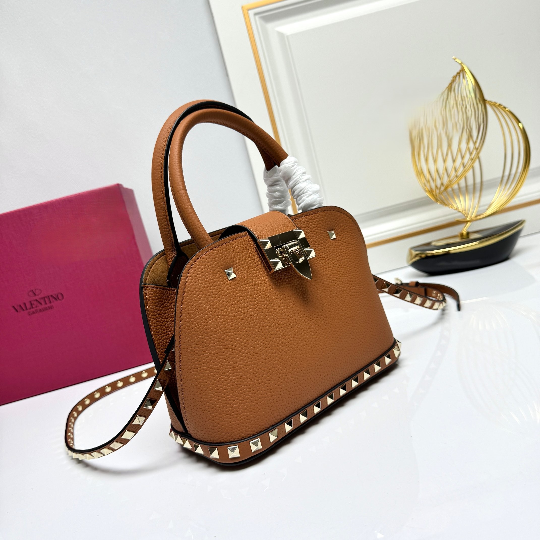 Valentino Rockstud Tan Grained Leather Studded Flip-lock Handle Crossbody Dome Bag - KAIROO