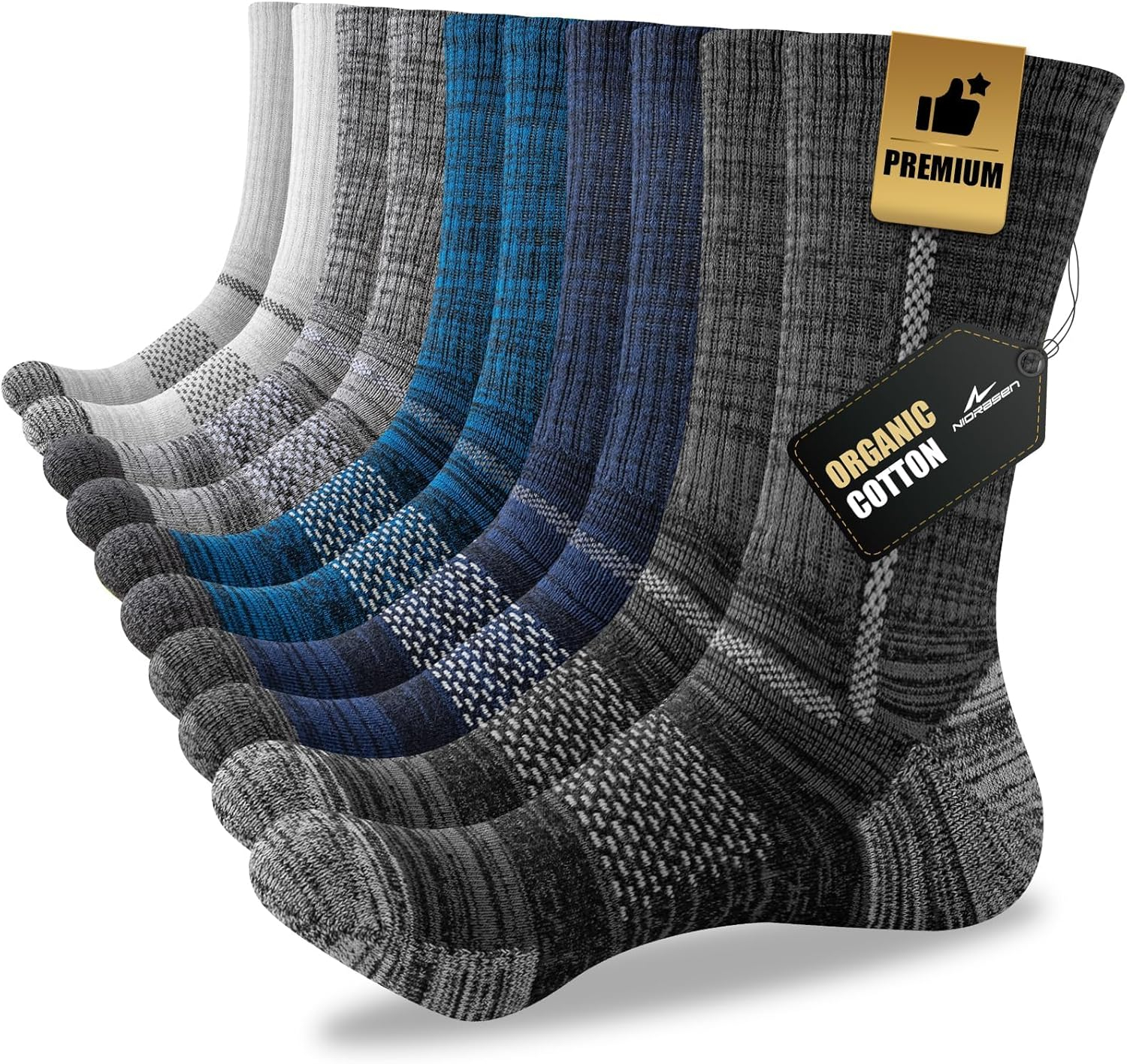 Niorasen Men's Cotton Crew Work Socks, 5 Pairs Cushioned Boot Moisture Athletic Socks for Hiking Sports Running