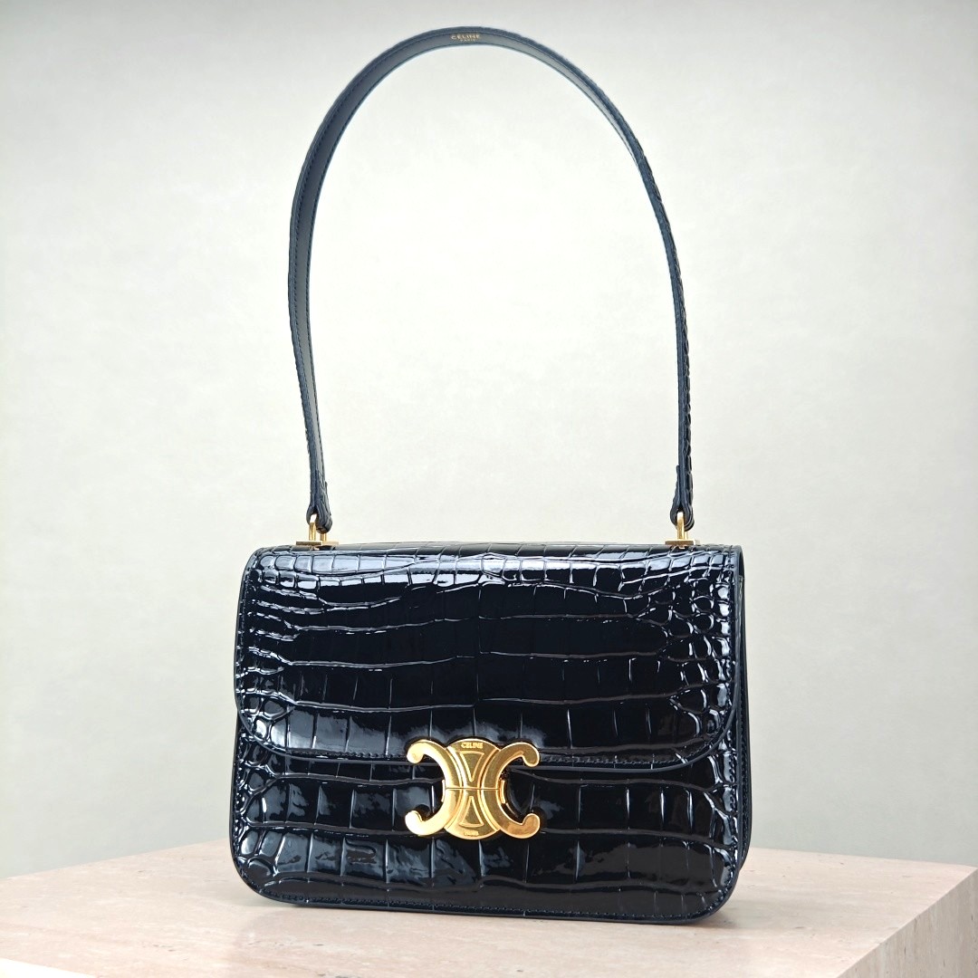 Celine Crocodile Embossed Leather Gold Triomphe Clasp Boxy Shoulder Bag - KAIROO