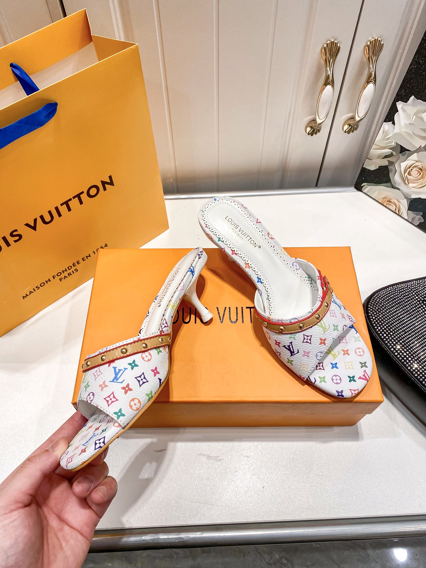 Louis Vuitton x Takashi Murakami Monogram Coated Canvas Multicolore Studded Kitten Heeled Sandals Mules - KAIROO