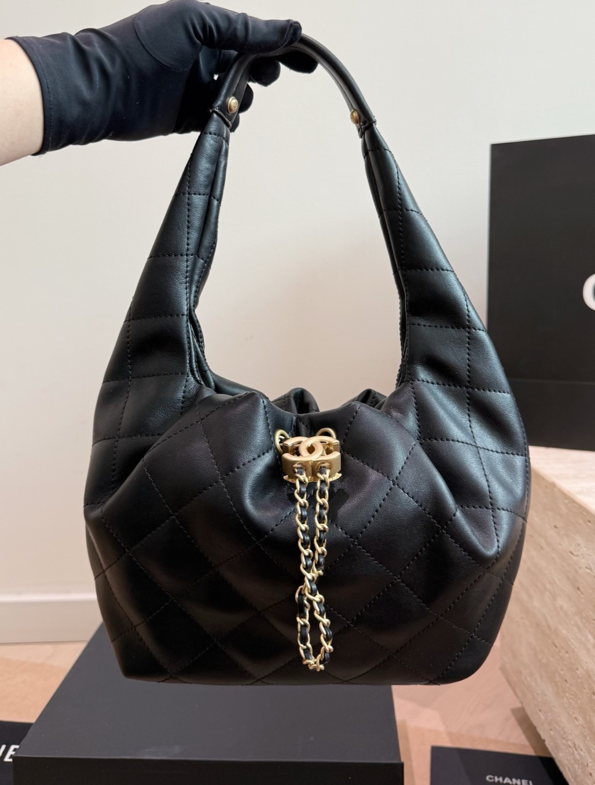 Chanel Small Soft Cloud Hobo Quilted Leather Interlaced Chain Drawstring Tote Shoulder Bag - KAIROO