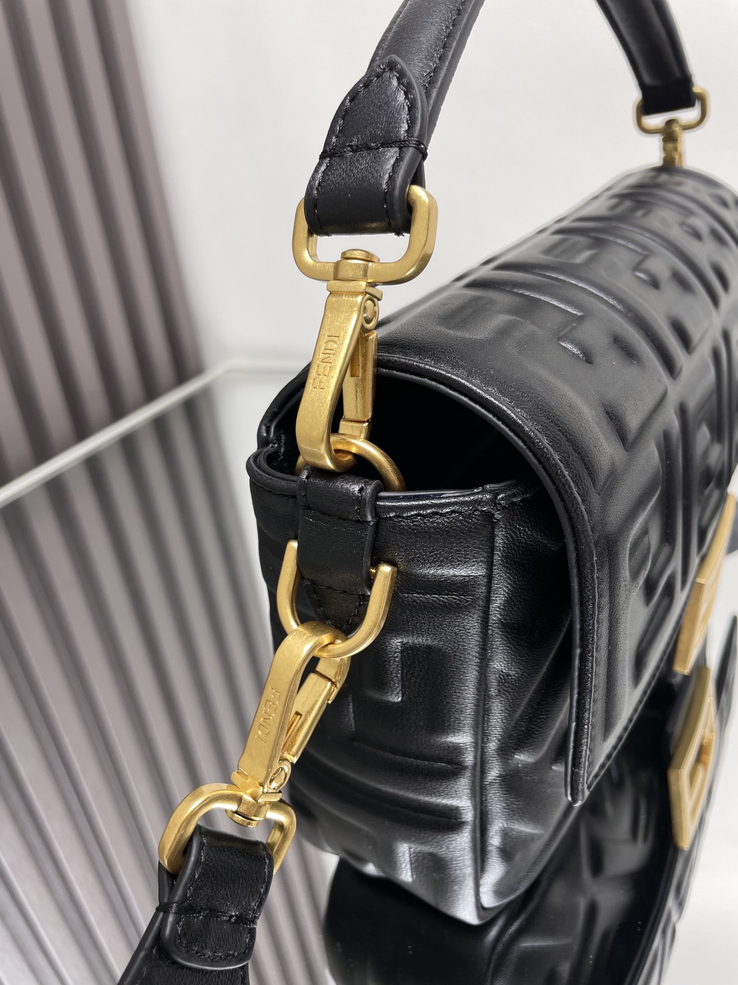 Fendi Medium Baguette FF Embossed Leather Bag-Black