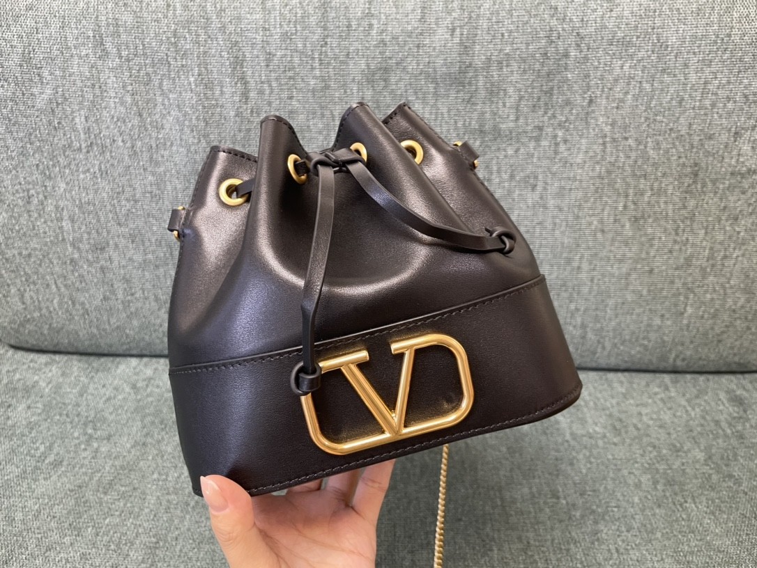 Valentino Black Gold VLogo Signature Smooth Leather Drawstring Bucket Crossbody Bag - KAIROO
