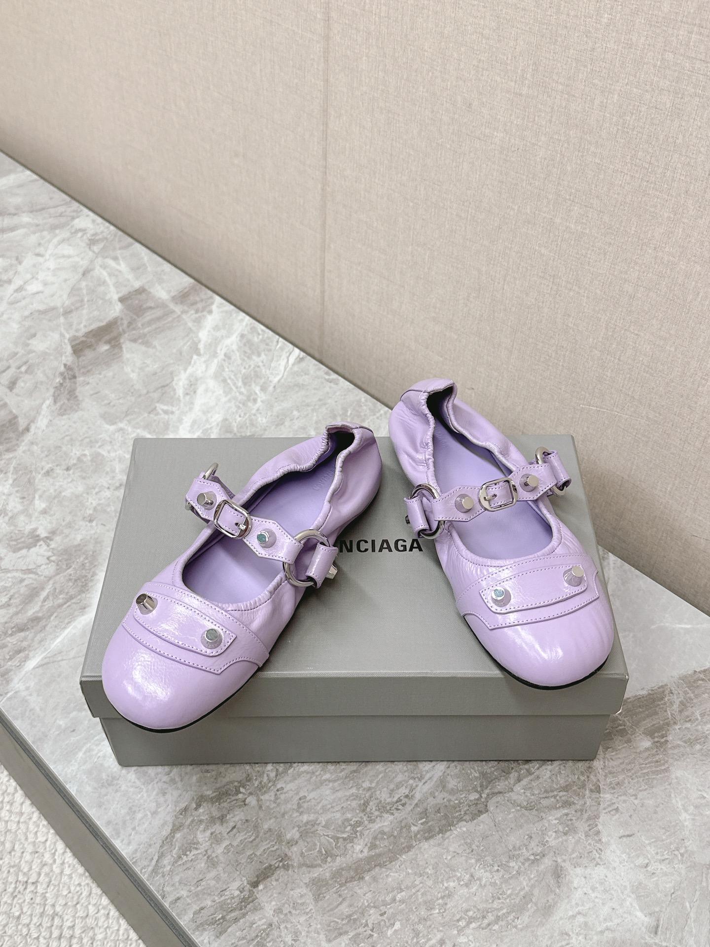 Balenciaga Cagole Purple Arena Leather Studded Buckle Strap Moto Mary Janes Ballerina Flats - KAIROO