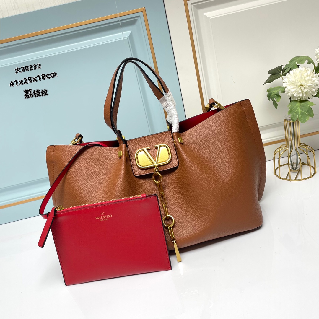 Valentino VLogo Brown/Rosso Garavani Escape Grained Leather Gold Chain Tassel Shopping Tote Bag With Pouch - KAIROO