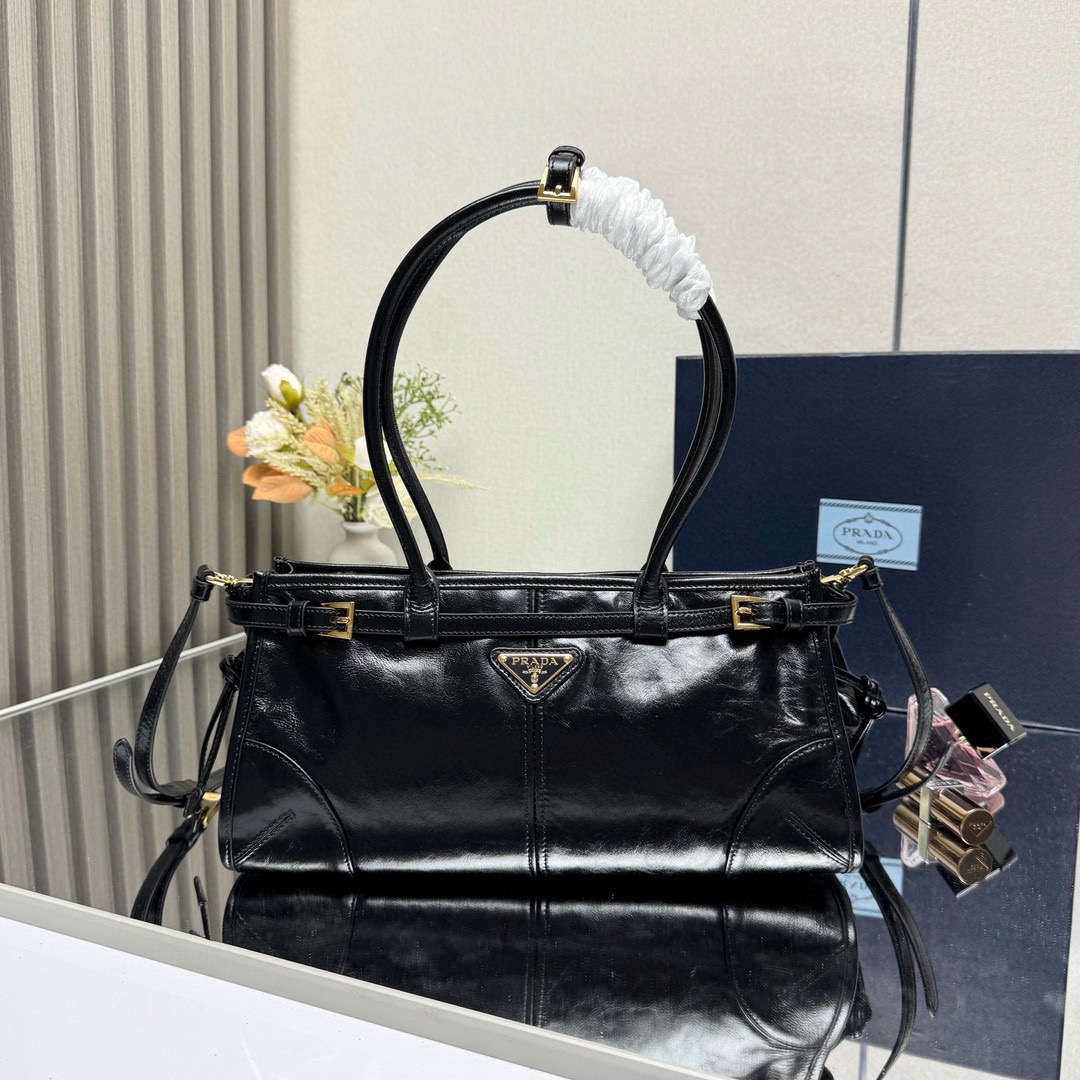 Prada Bonnie Medium Shiny Calfskin Tote-Black