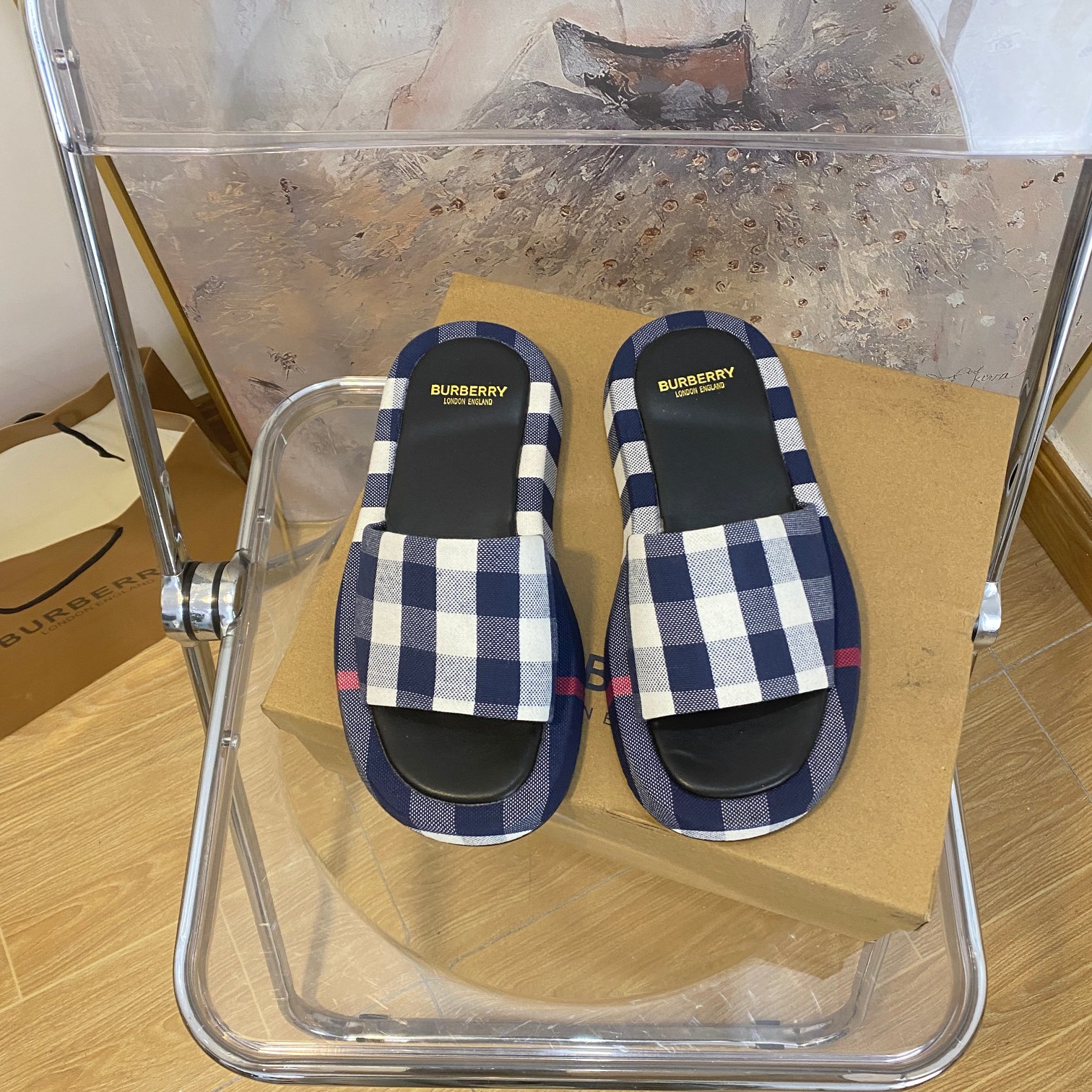 Burberry Plaid Check Cotton Canvas Wide Strap Leather Lining Platform Slippers - KAIROO