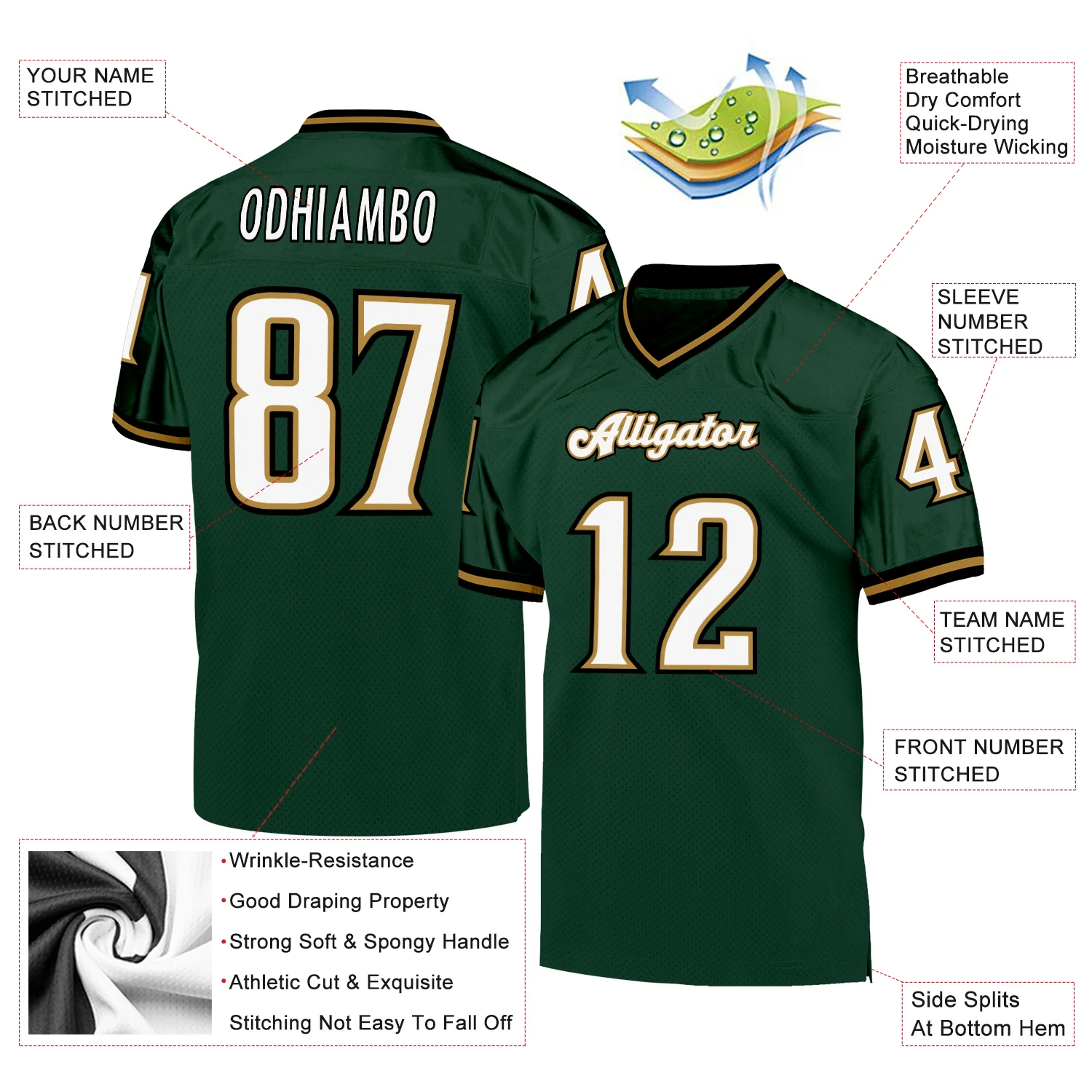 Custom Green White-Old Gold Mesh Authentic Throwback Football Jersey