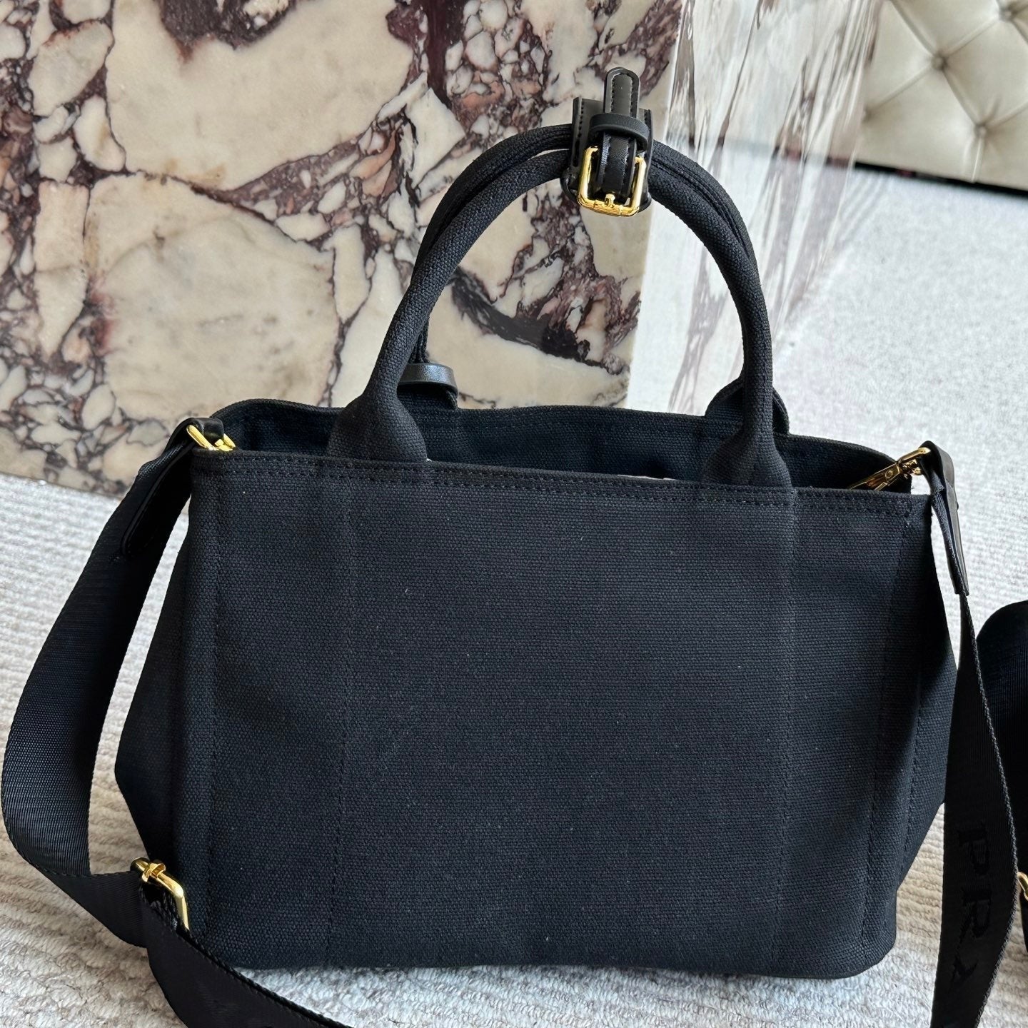 Prada EMBROIDED LOGO LARGE HANDBAG 30 IN BLACK LINEN BLEND