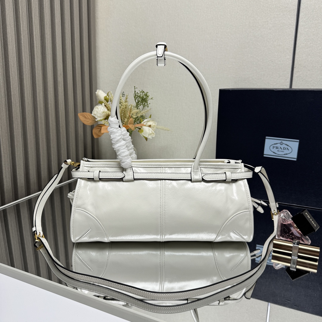 Prada Bonnie Medium Shiny Calfskin Tote-White