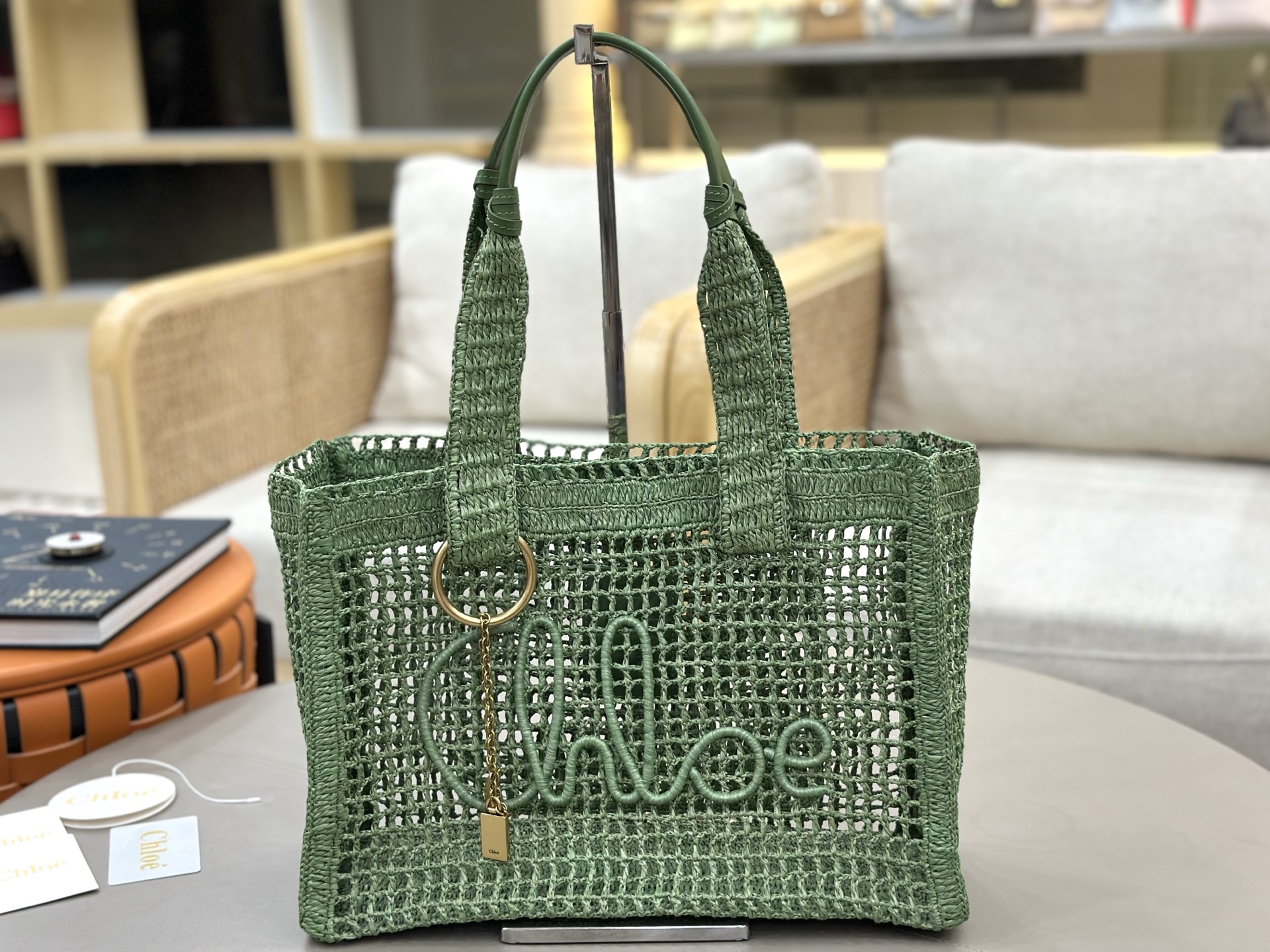 Chloe Summer Banaba East-west Tote Bag in raffia-Green