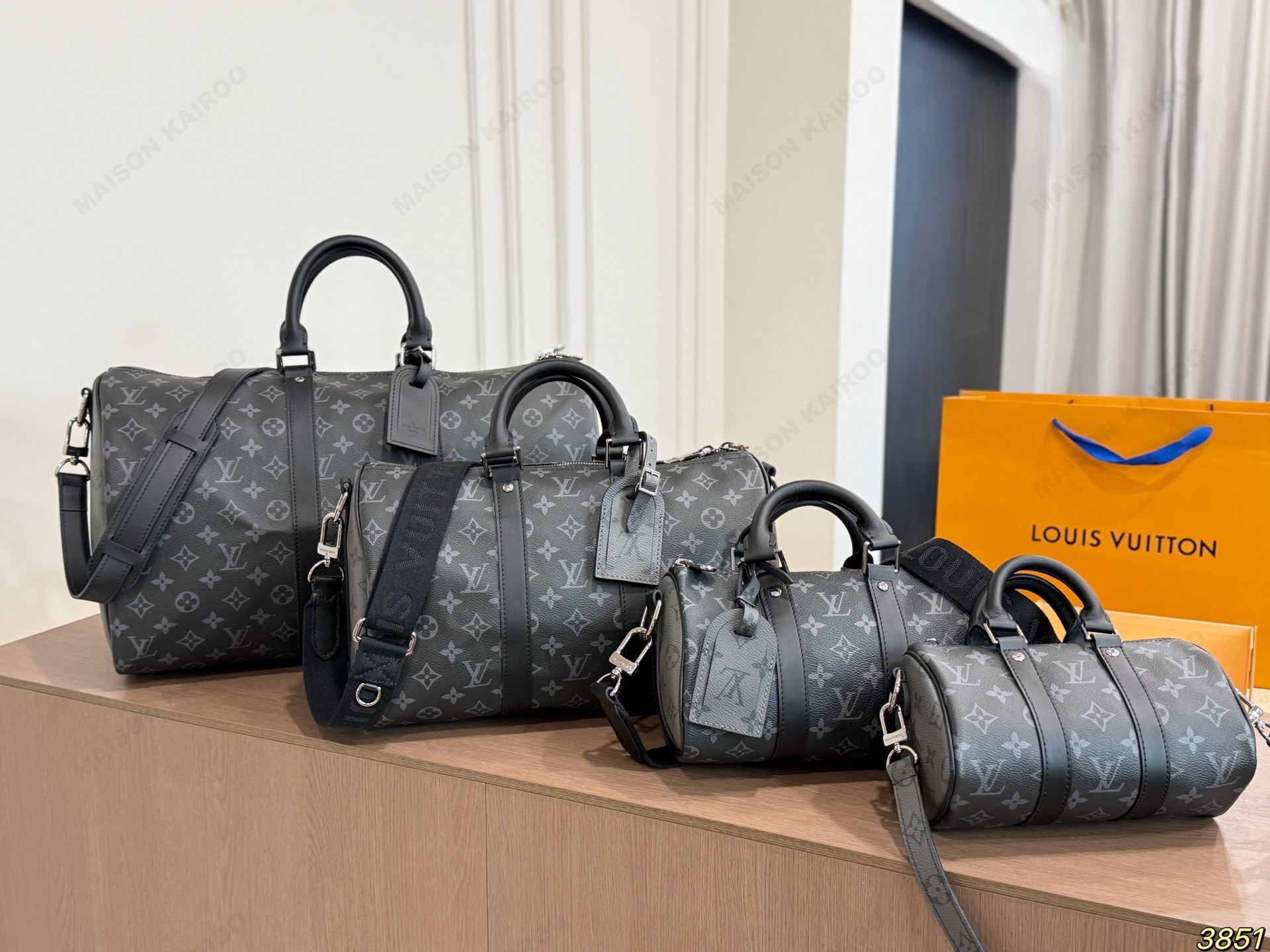 Louis Vuitton Keepall 45/35/25/20 Monogram Eclipse Black Leather Bandoulière Dual Straps Duffle Travel Bag - KAIROO