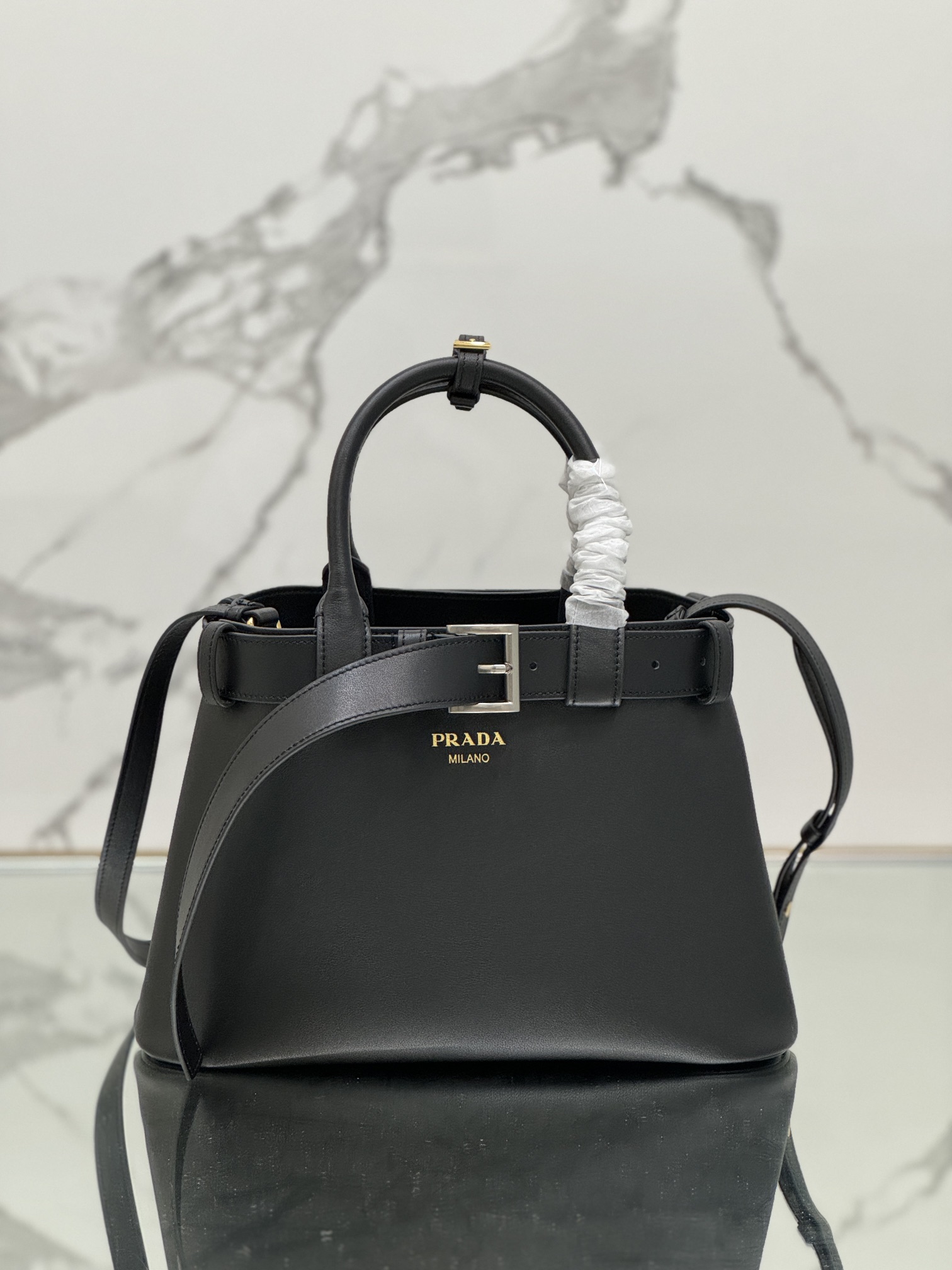 Prada Black Buckle Small leather bag with belt