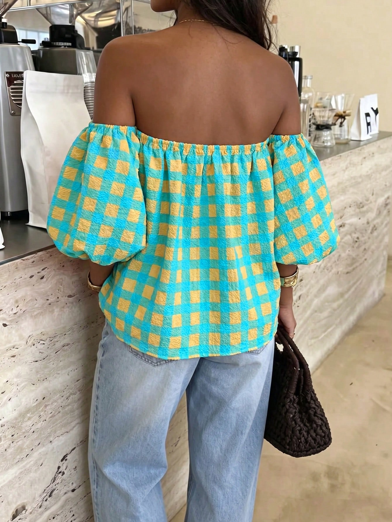Women's Gingham Puff Sleeve Off-Shoulder Loose Blouse