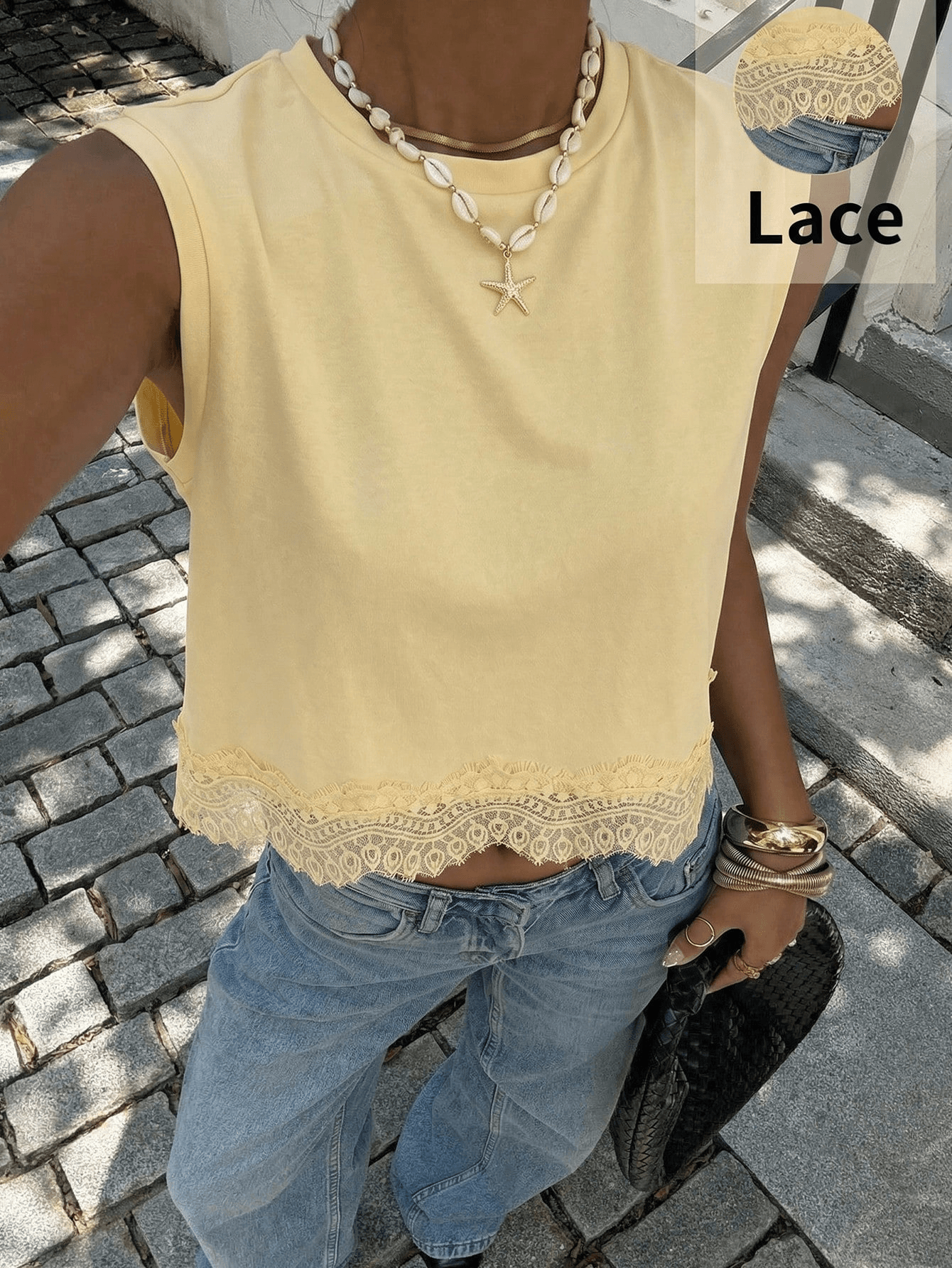 Women's Solid Lace Hem Loose Tank Top