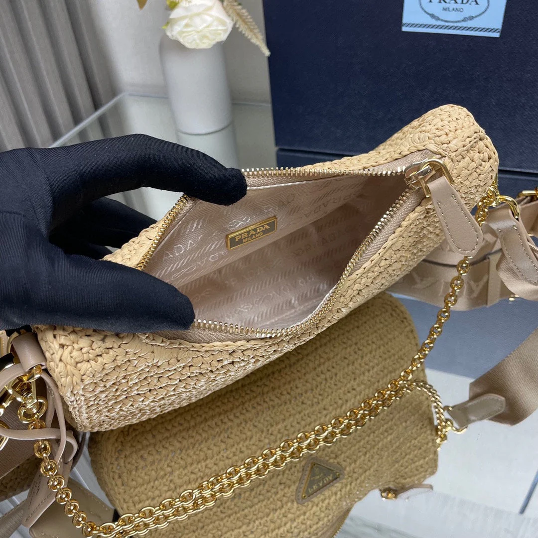 Prada  WOVEN HOBO BAG 23 IN BEIGE RAFFIA GOLD HARDWARE TRIANGLE LOGO