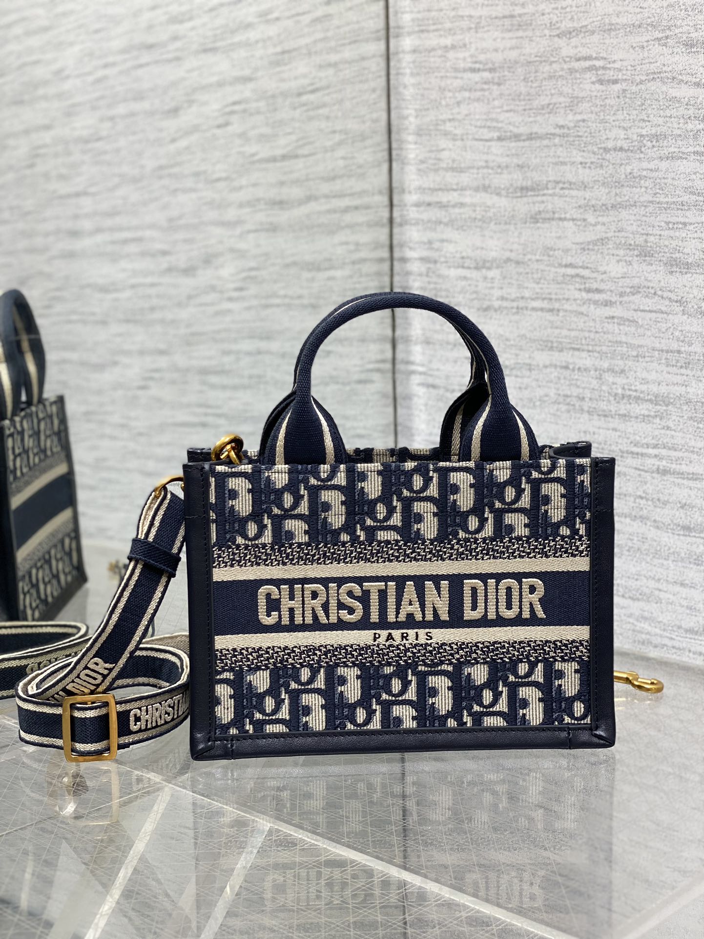 Dior Embroidered Canvas Mini Book Tote with shoulder strap