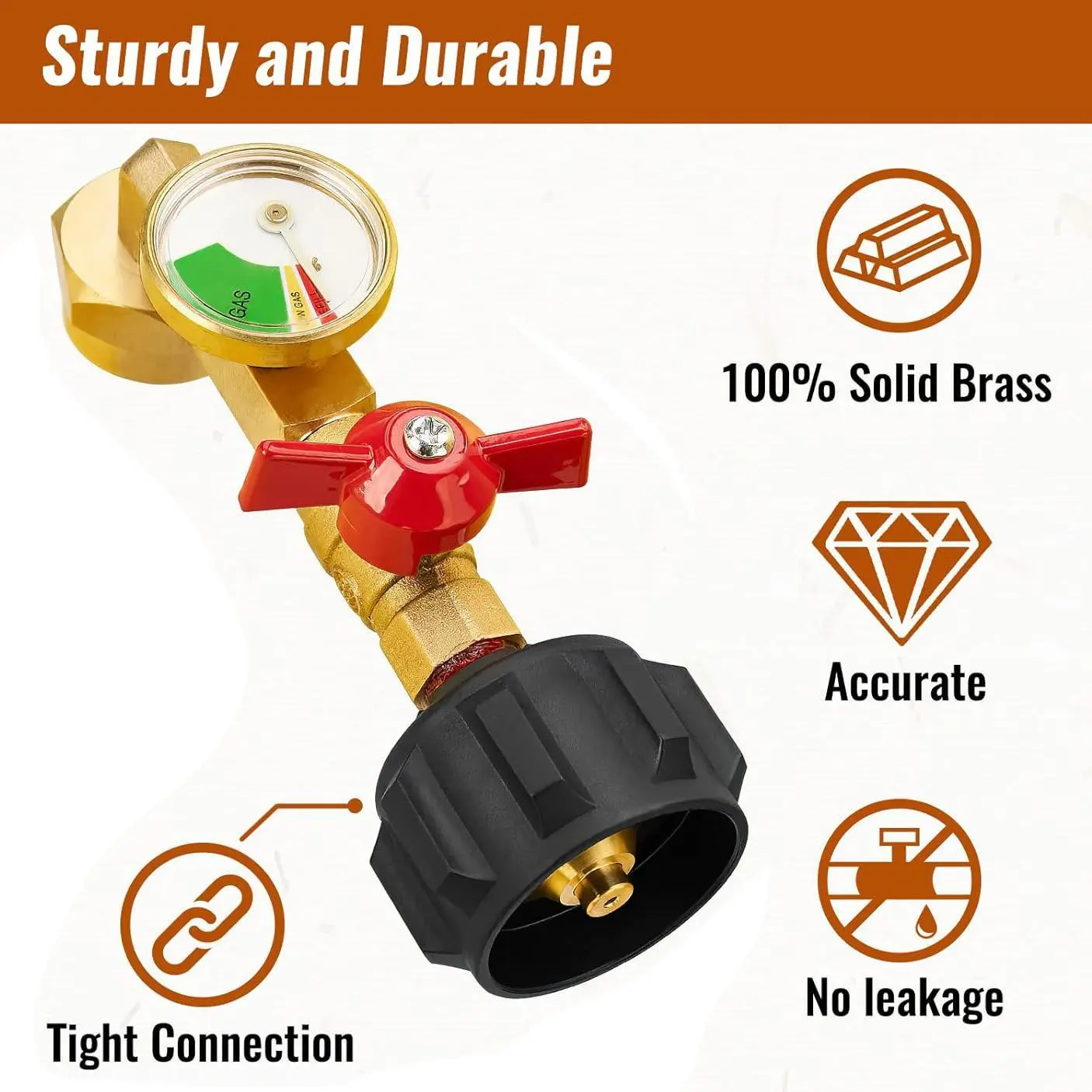 Propane Refill Adapter with Shut-Off Valve & Luminous Gauge - 100% Solid Brass QCC1 Connector to Refill 1lb Camping Cylinders
