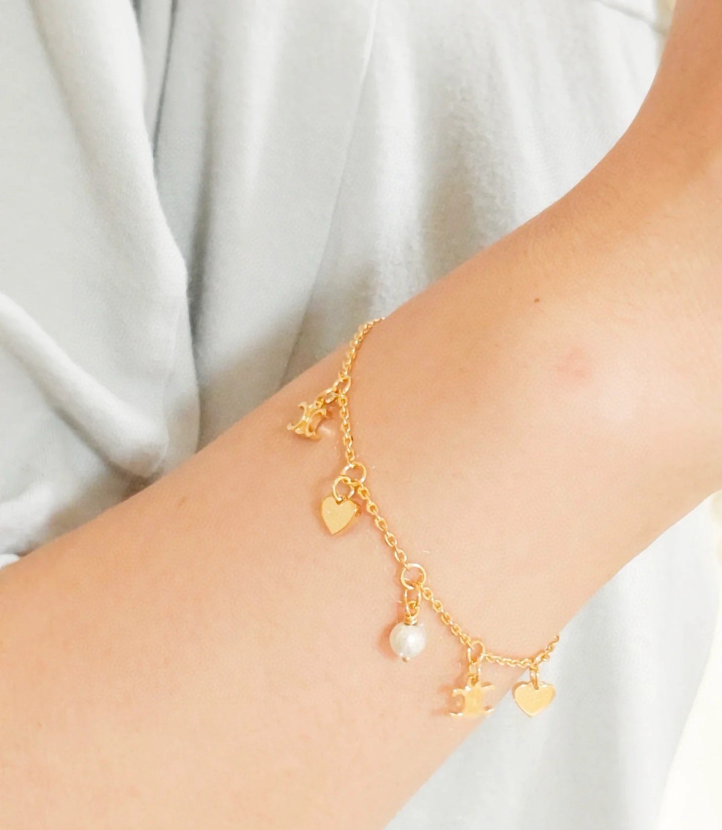 Celine Gold Finish Triomphe Logo with Heart and Pearl Charms Multi-element Bracelet - KAIROO