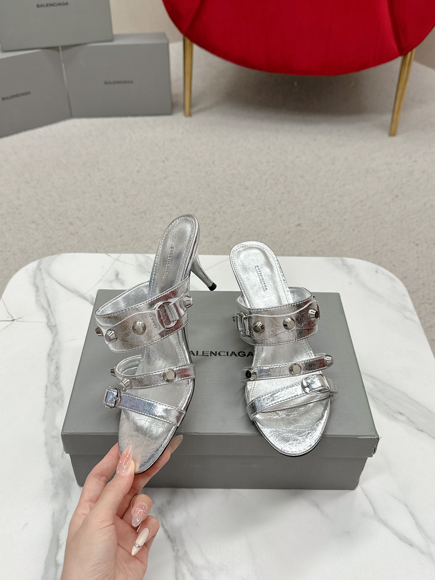 Balenciaga Cagole Silver Leather Studded Buckle Strap Pointed Toe Kitten Mules Heels /Top Version - KAIROO