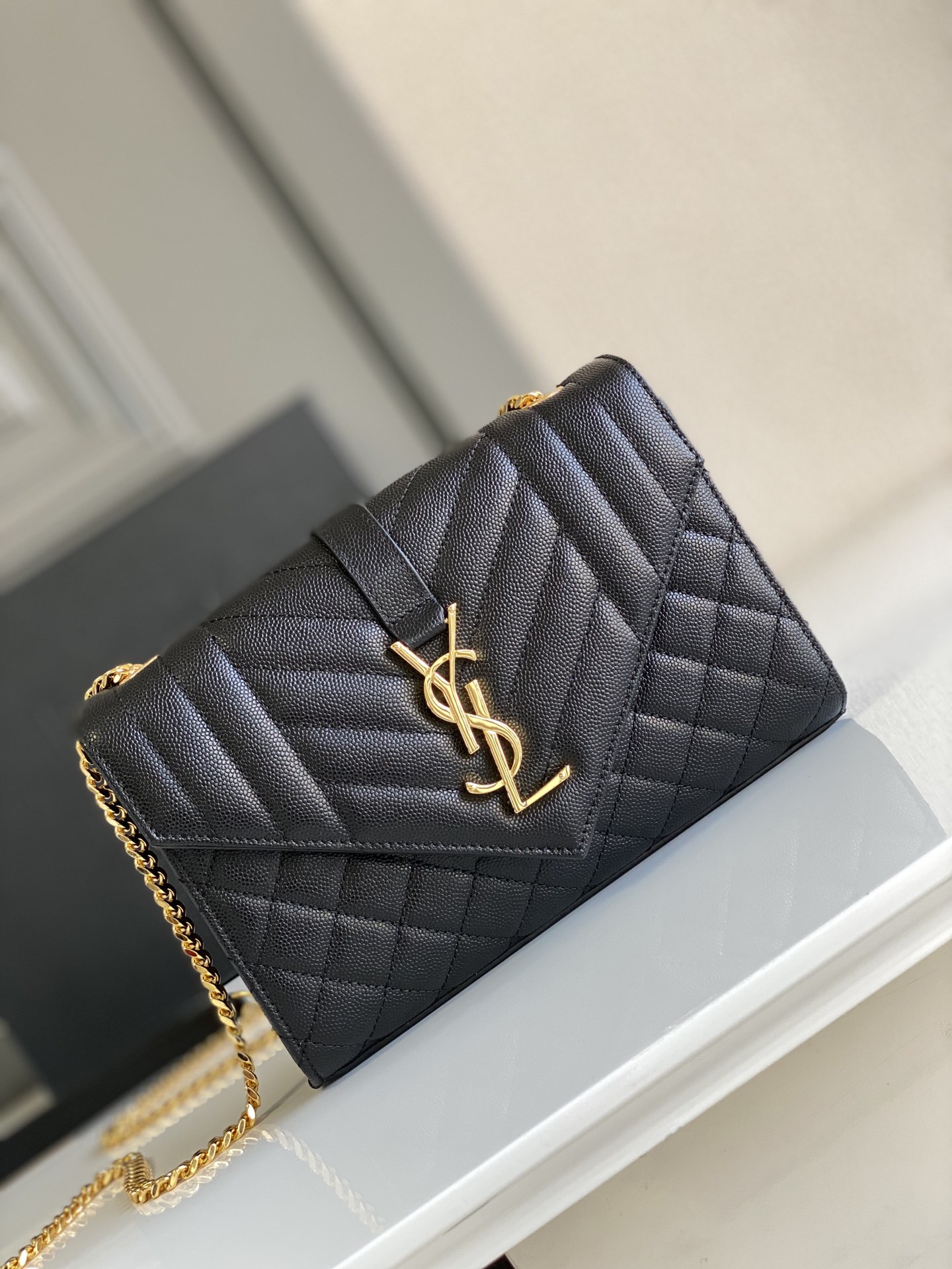 Saint Laurent Black Quilted grained calfskin Small Envelope Bag