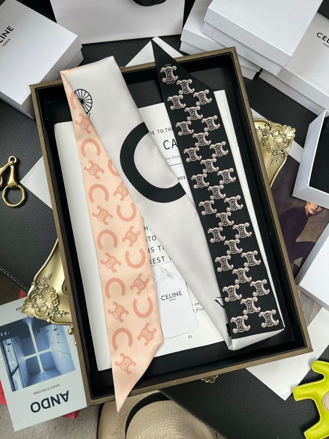 Celine Black Pink Ivory Triomphe Carriage Logo All Over Print Silk Twill Skinny Scarf - KAIROO