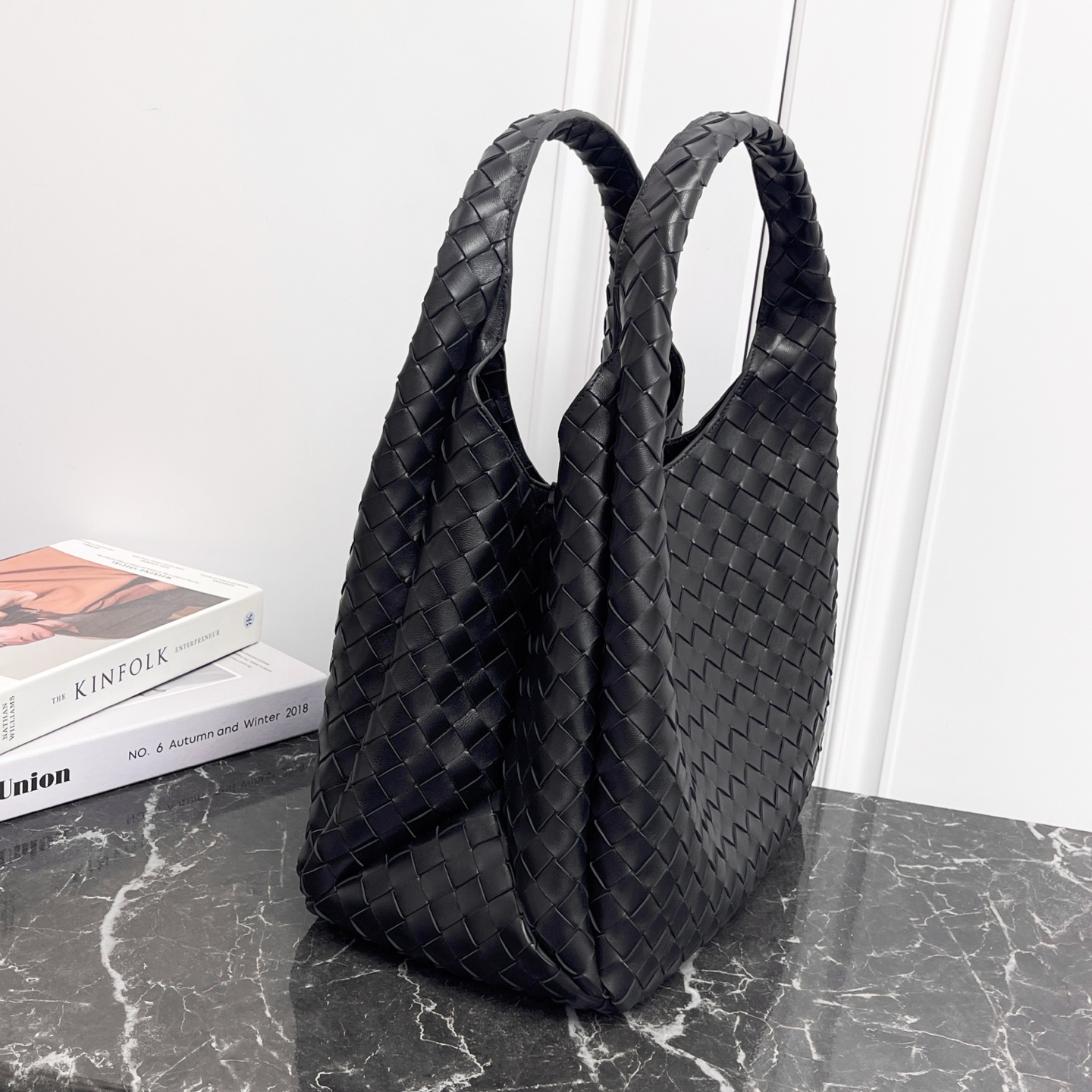 Bottega Veneta Large Campana Shoulder Bag in Black Intrecciato Leather