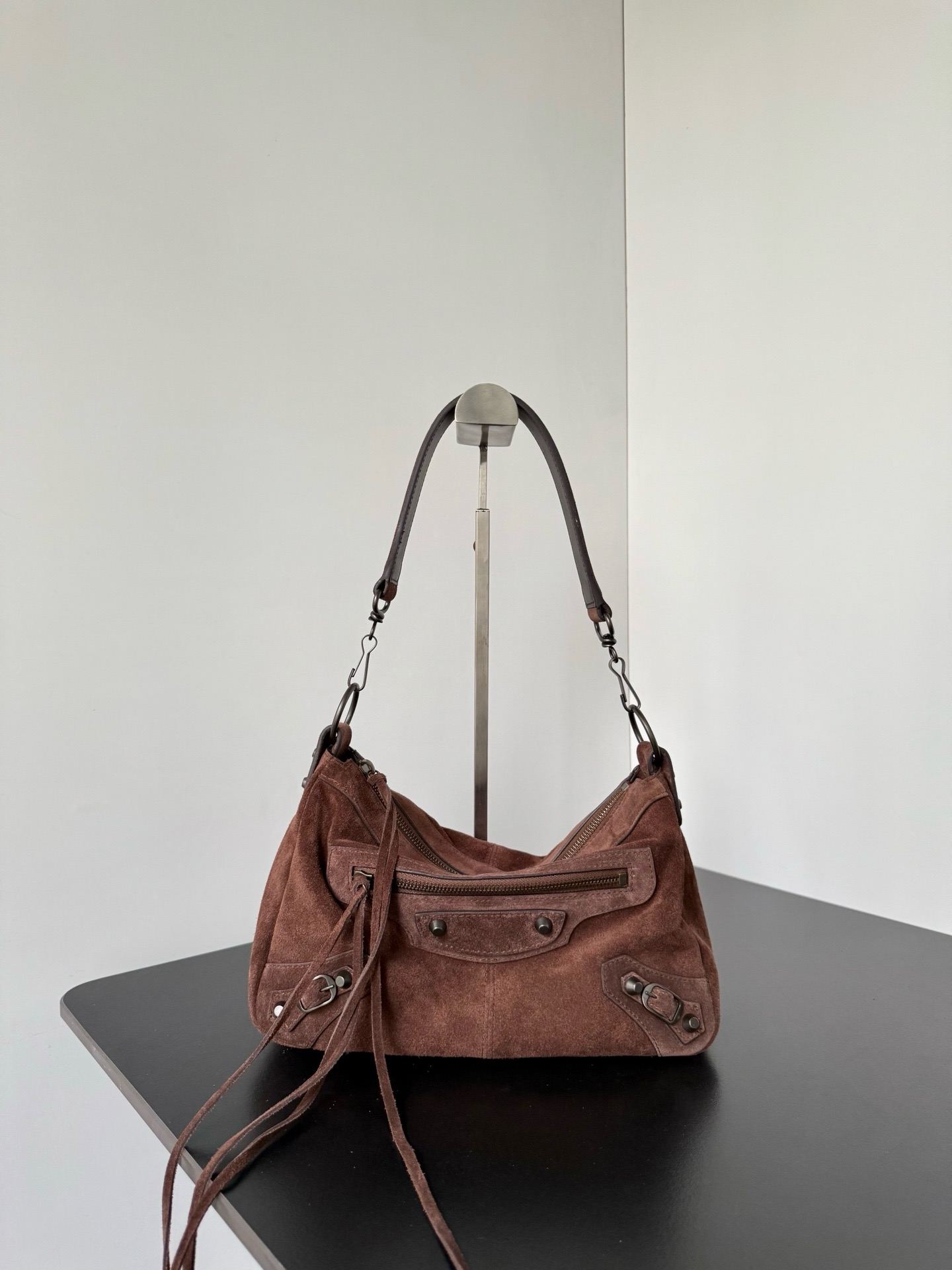 𝐁alenciaga Le City Moto Bag Small in Brown Suede