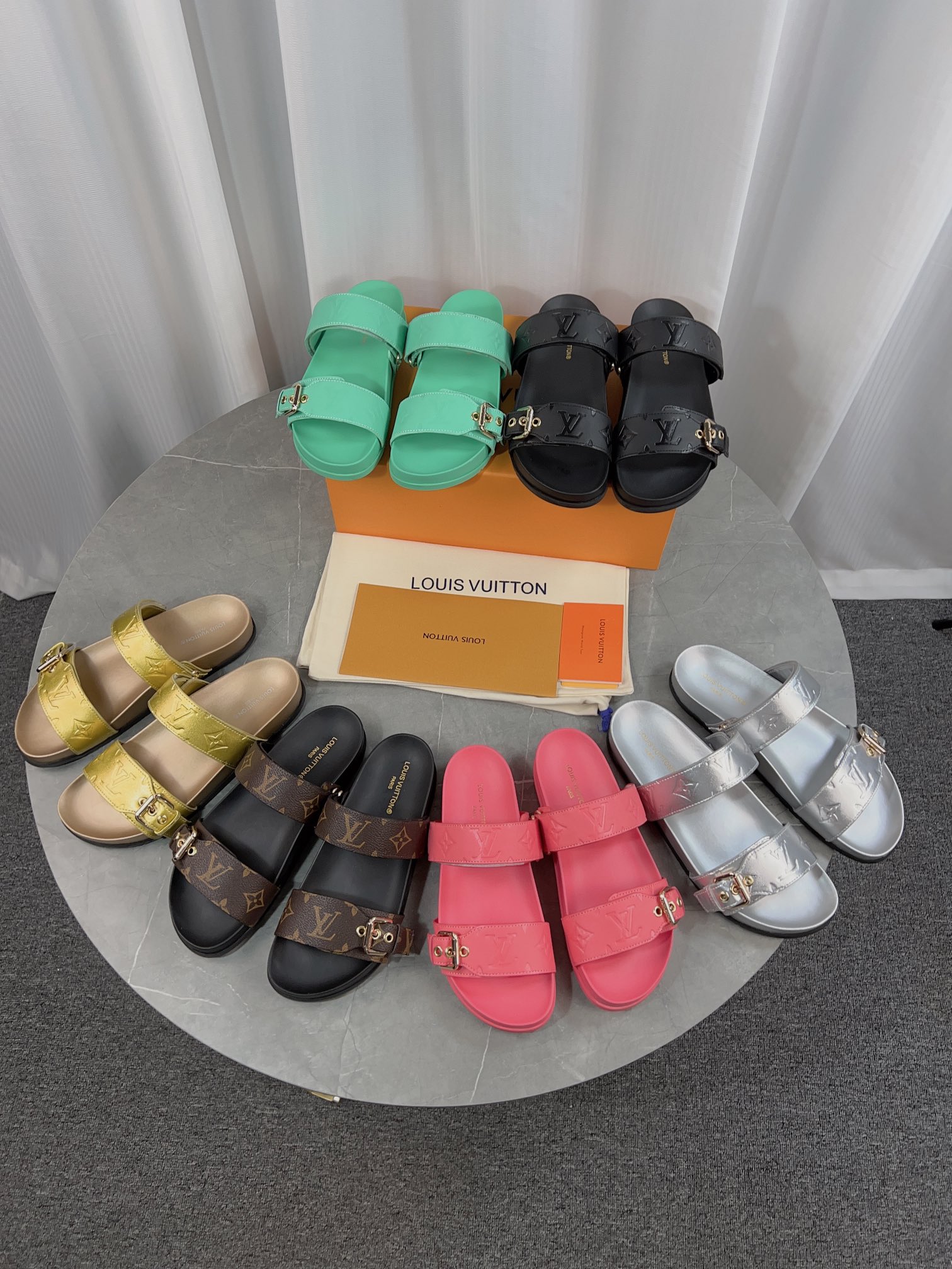 Louis Vuitton Monogram Empreinte Leather Bom Dia Double Strap Buckle Slides Mule Sandals/ Upgraded Version - KAIROO