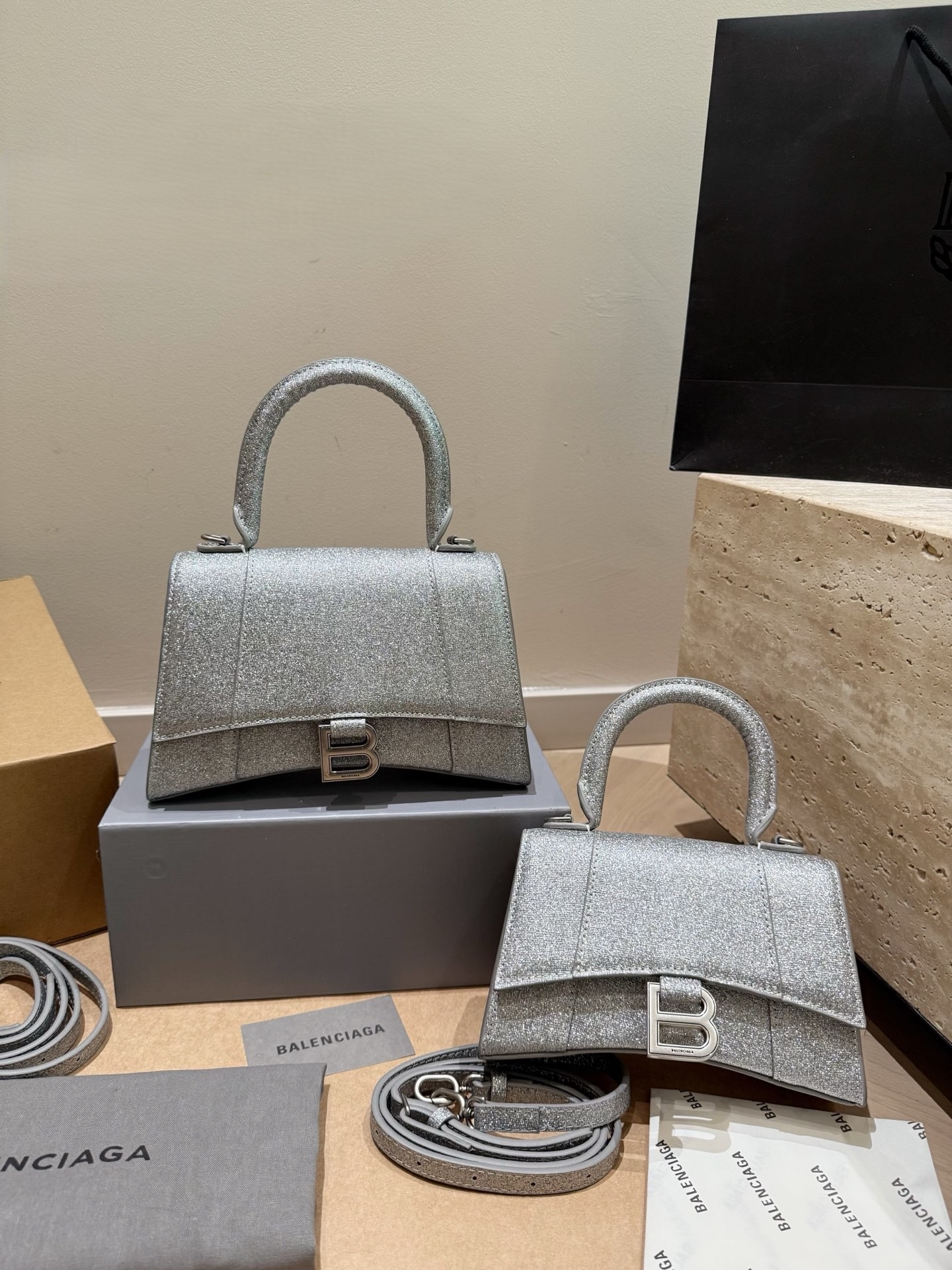 Balenciaga  Mini/Small Bling Glitter-Embellished Curved Flap Top Handle Hourglass Crossbody Bag - KAIROO