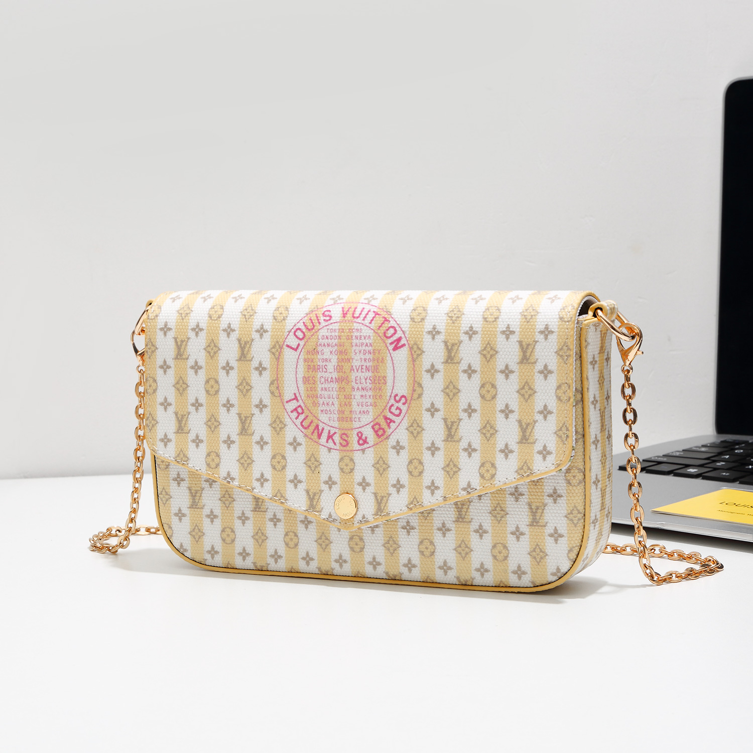 Louis Vuitton LV Felicie Pochette 3-in-1Trunks And Bags Medallion Stripe Canvas Chain Envelope Shoulder Bag - KAIROO