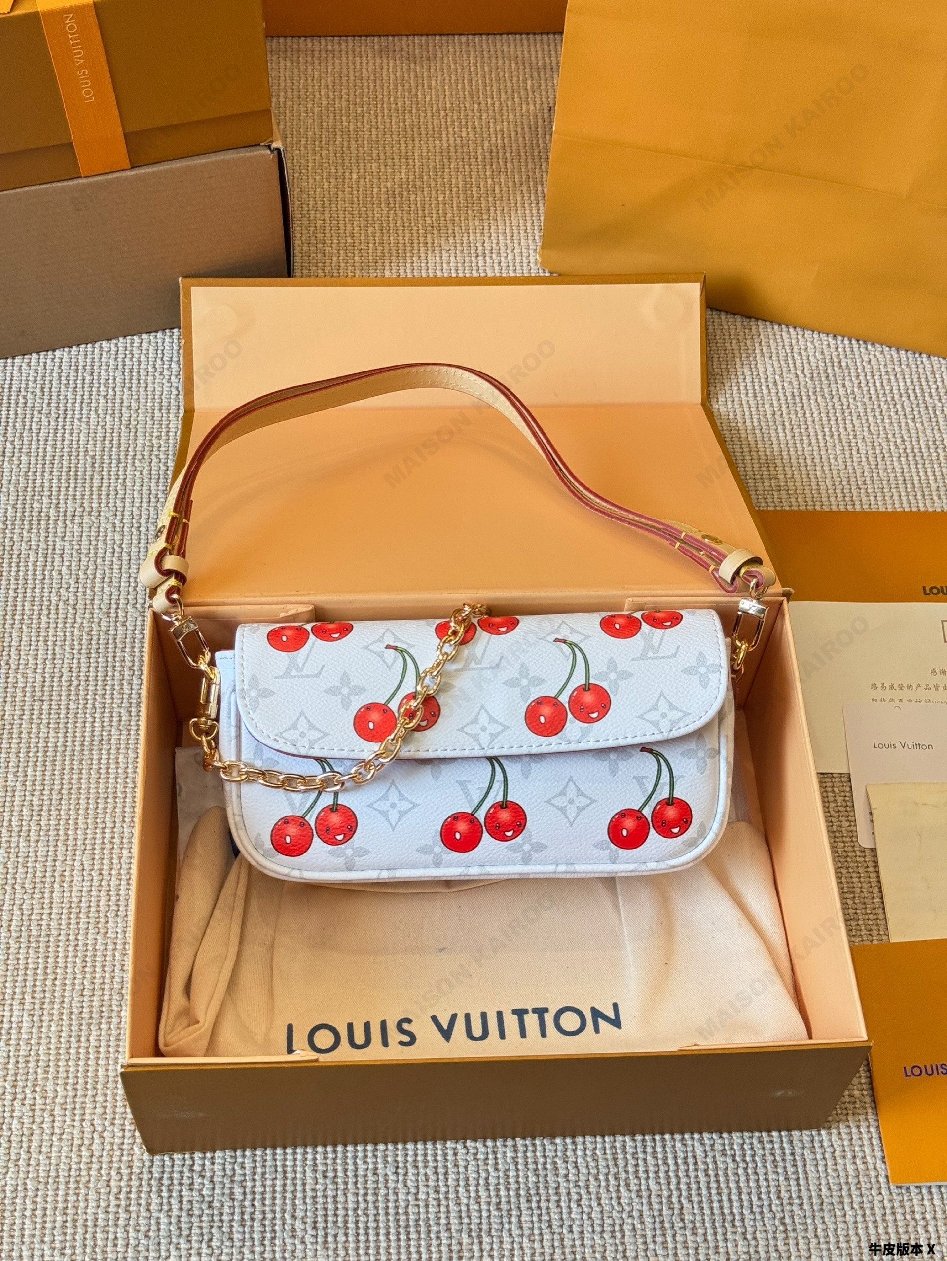 Louis Vuitton LV x TM Ivy WOC White Monogram Cherry Print Coated Canvas Leather Baguette Hobo Shoulder Bag - KAIROO