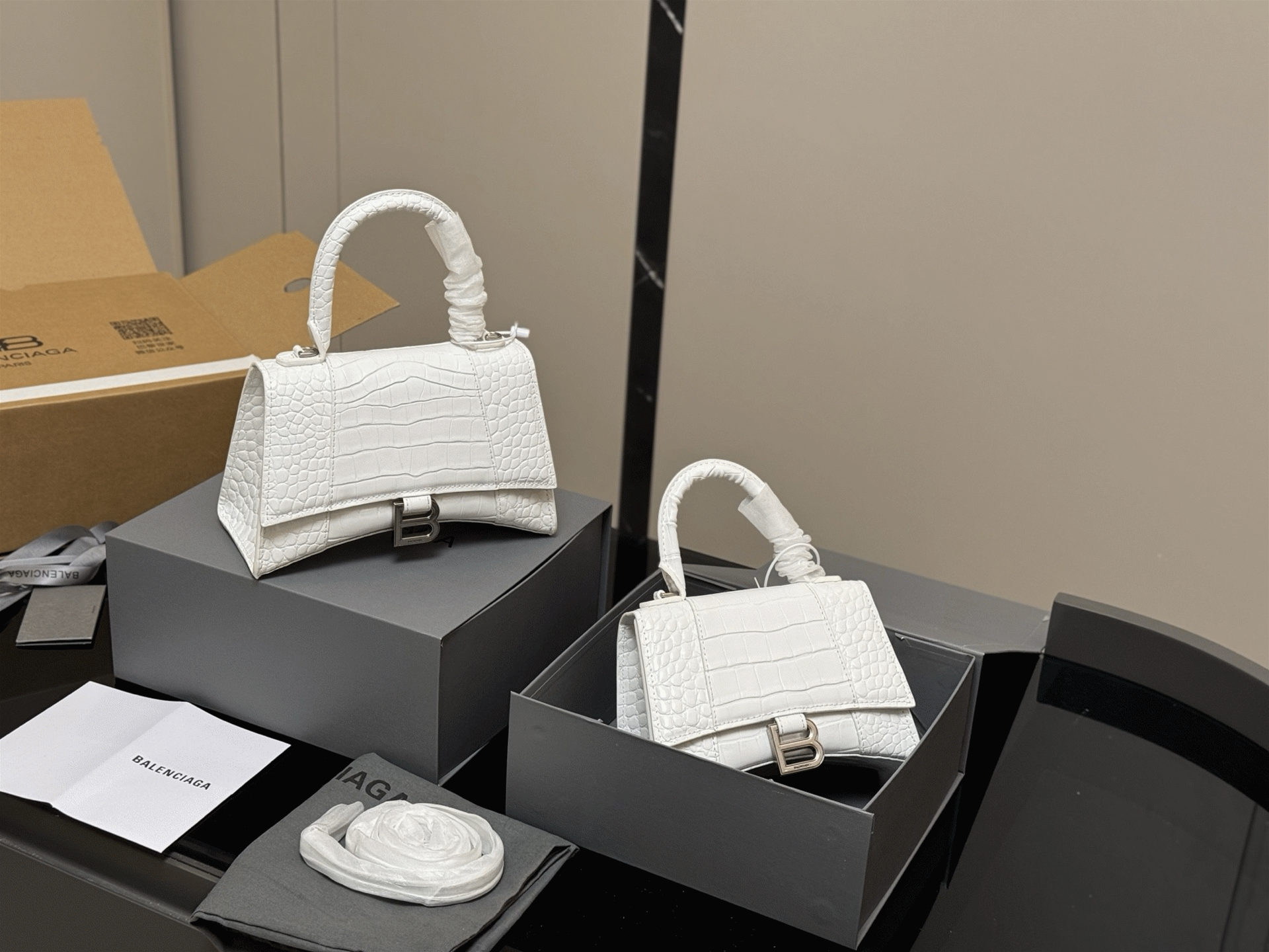 Balenciaga Multi-color Small/Mini Crocodile Embossed Leather B-Logo Curved Base Top Handle Crossbody Hourglass Bag - KAIROO