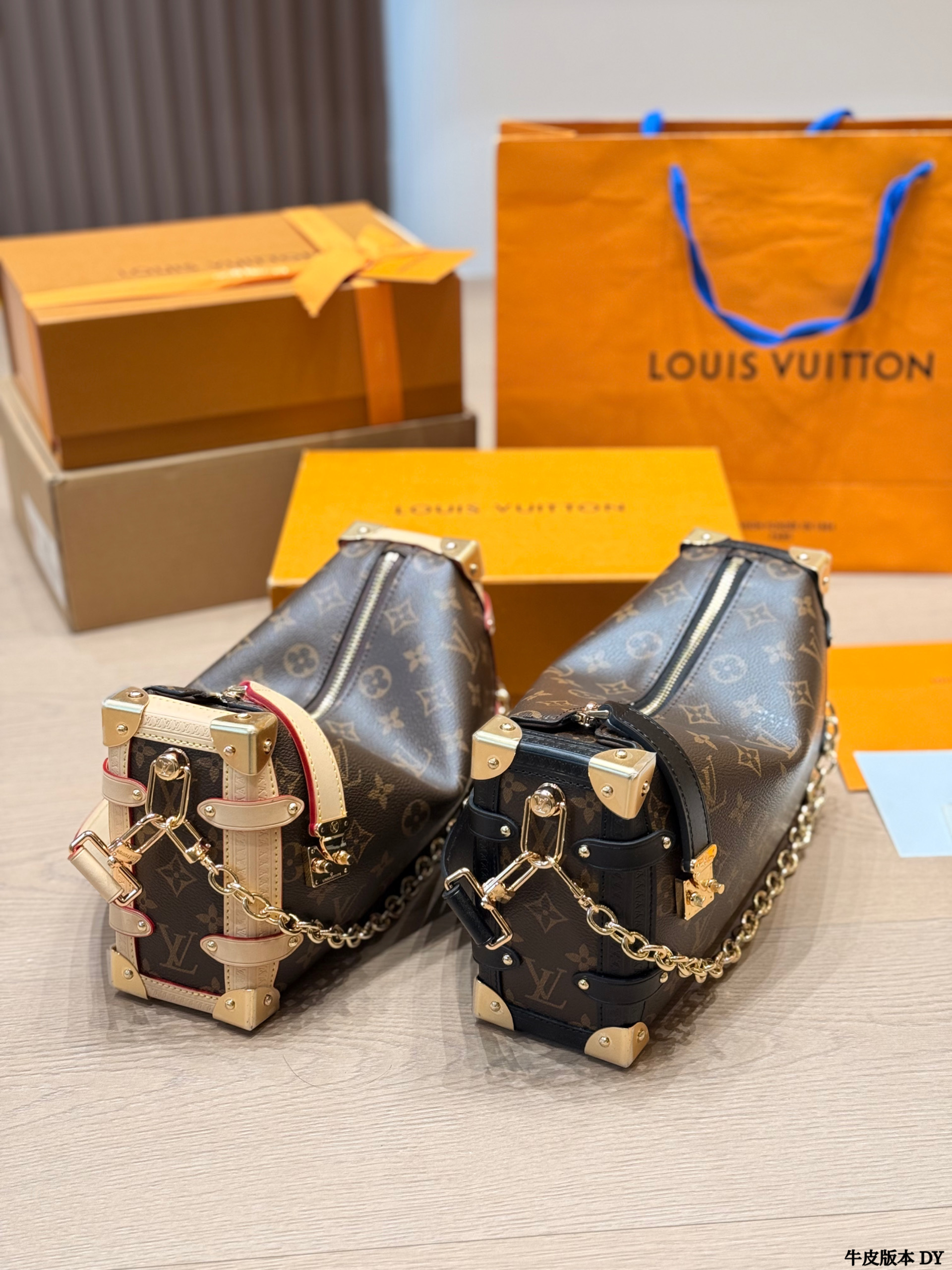 Louis Vuitton LV Side Trunk MM East West Monogram Canvas Natural & Black Trim S-Lock Soft Shoulder Bag - KAIROO