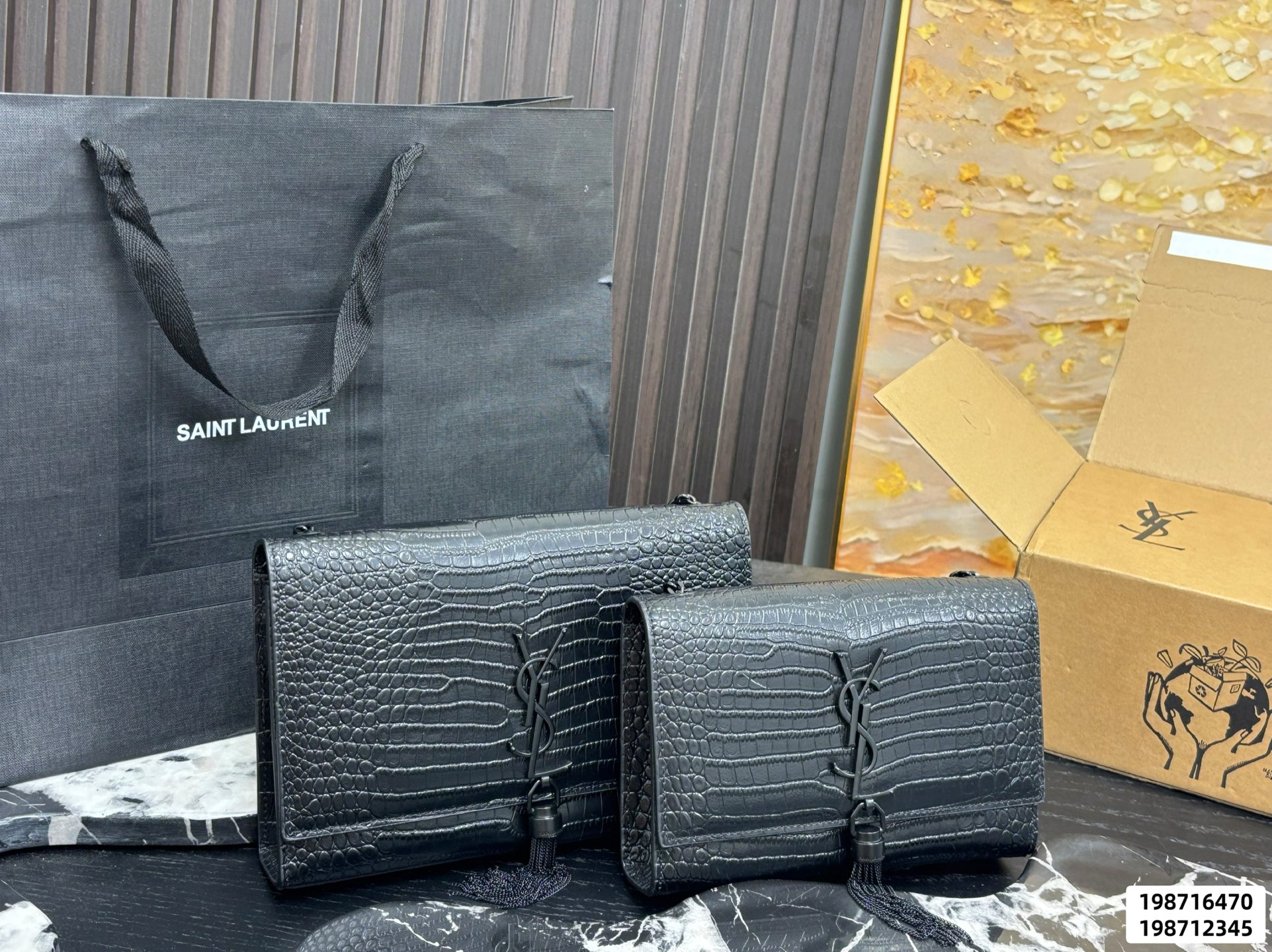 Saint Laurent YSL Kate Small& Medium All Black Croc Embossed Leather Chain Tassel Shoulder Bag - KAIROO