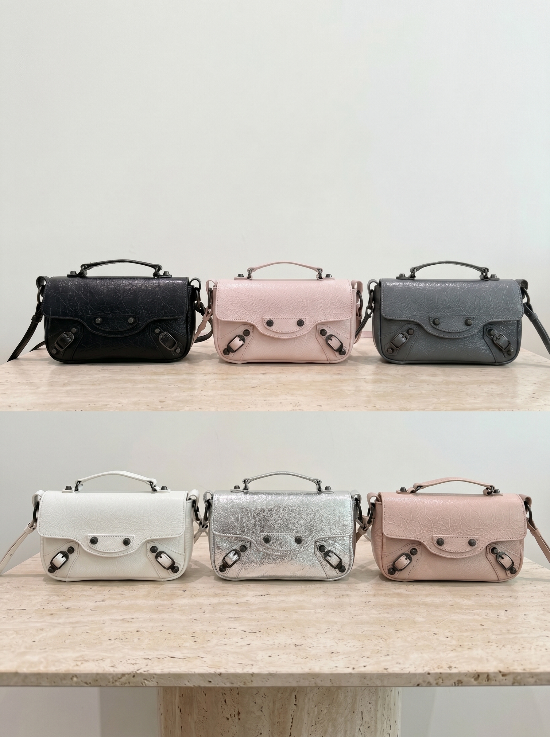 Balenciaga Le City Nano East West Buckled Arena Studs Crinkled Leather Messenger Crossbody Bag - KAIROO